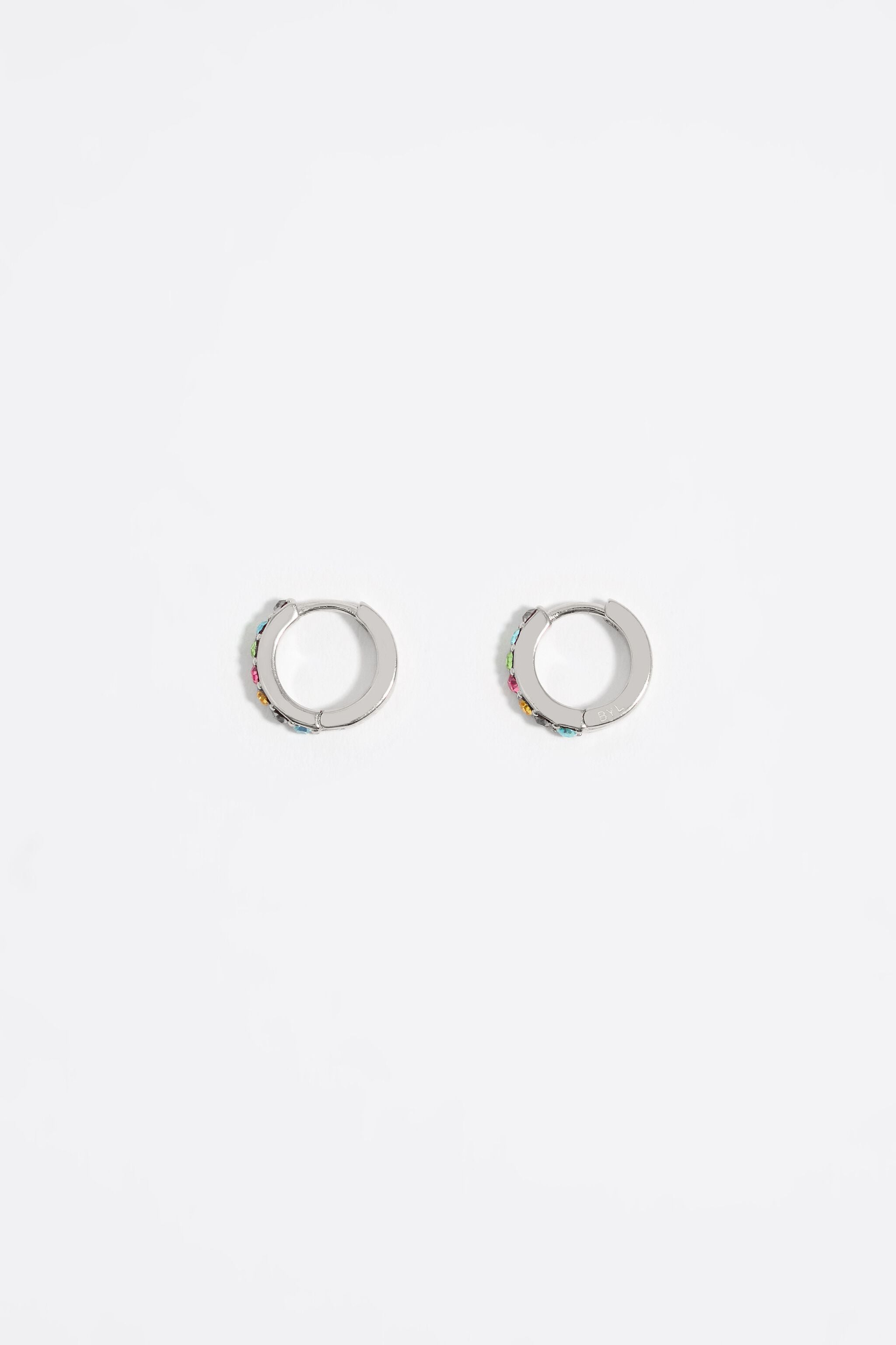 Silver mini hoop earrings with multicolored crystals