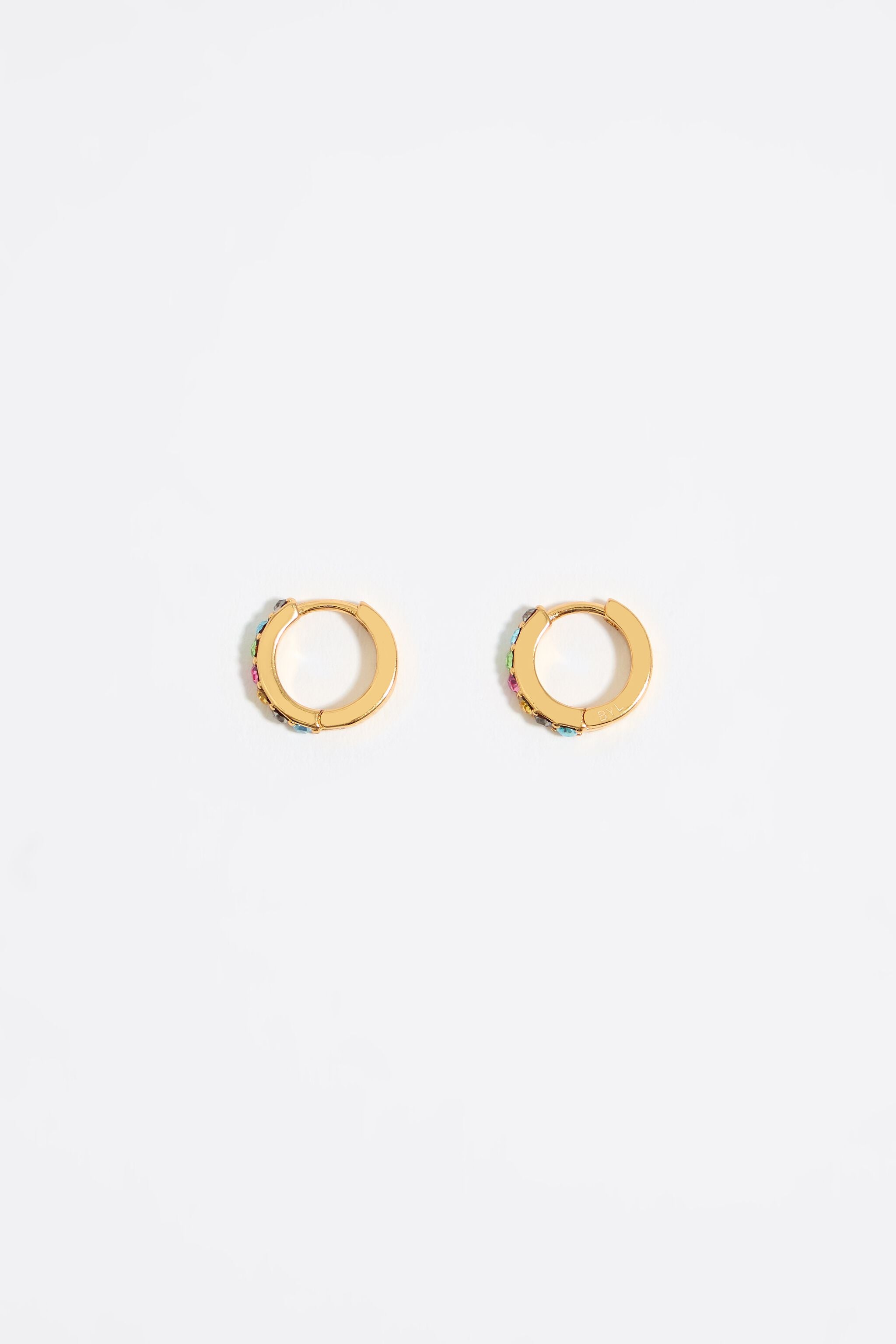 Golden mini hoop earrings with multicolored crystals