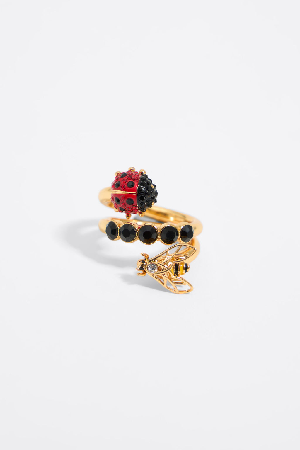 Spiral ring with crystals, ladybug and bee