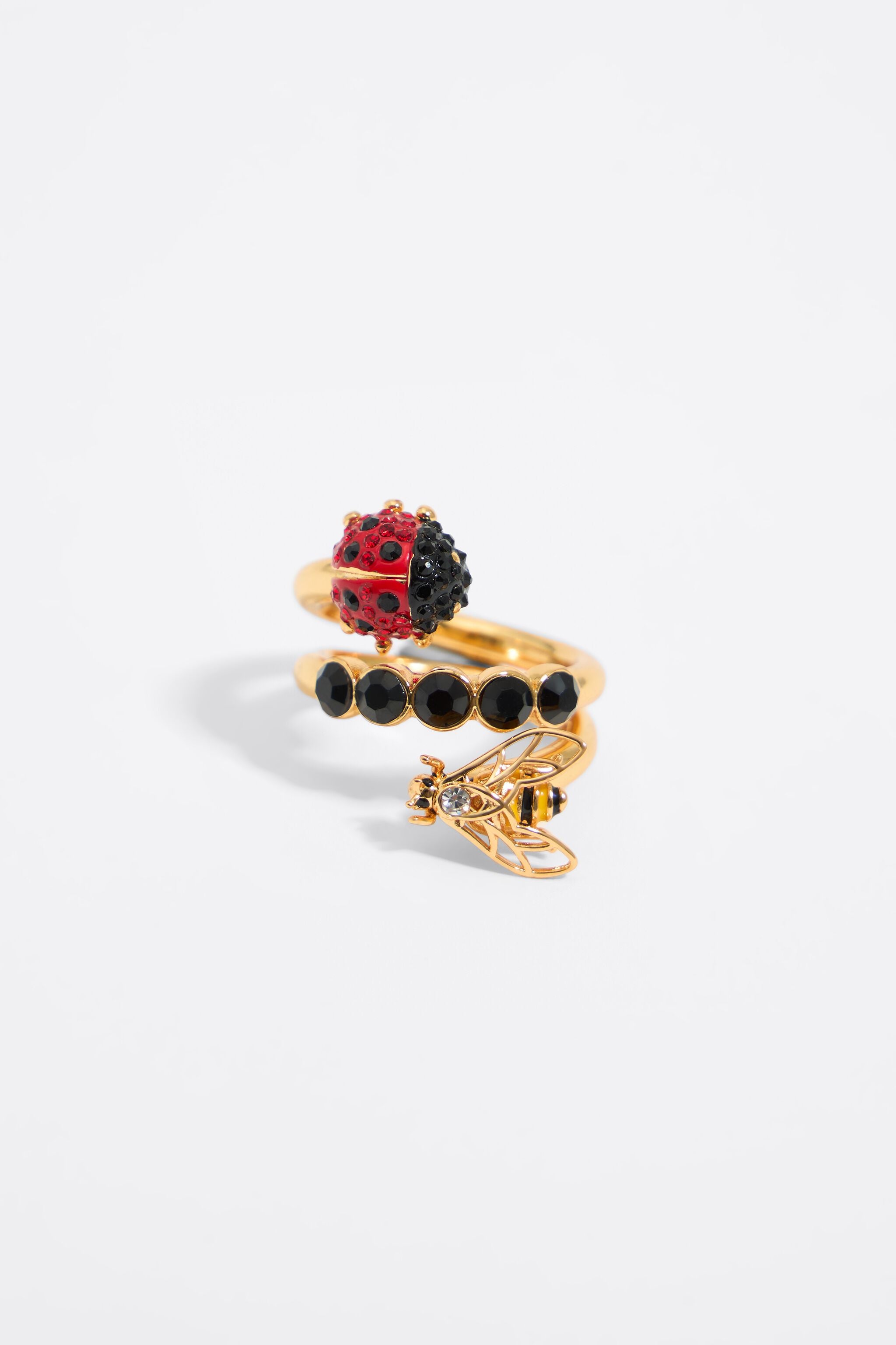 Spiral ring with crystals, ladybug and bee