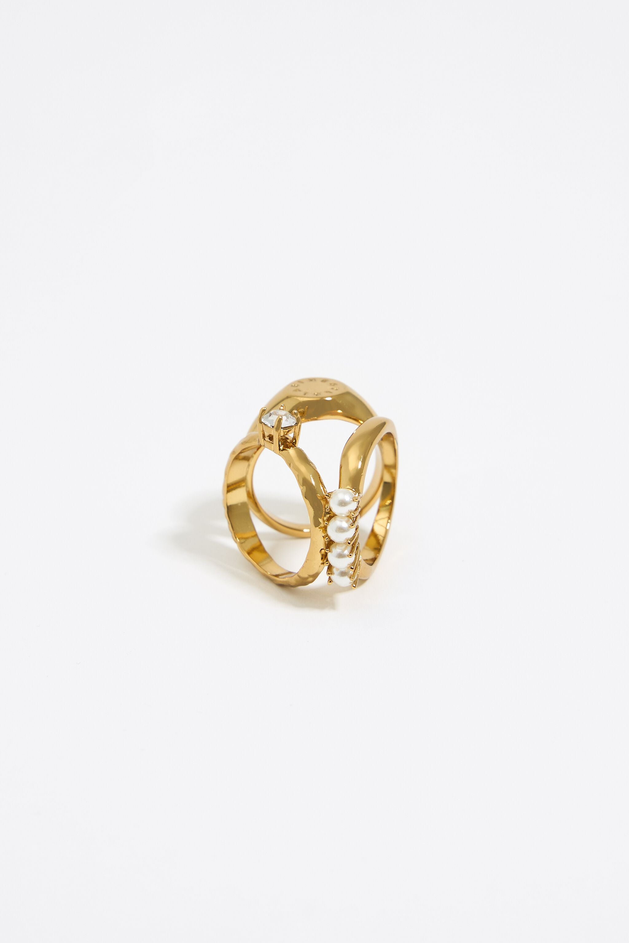 Gold crystals and pearls scarf ring