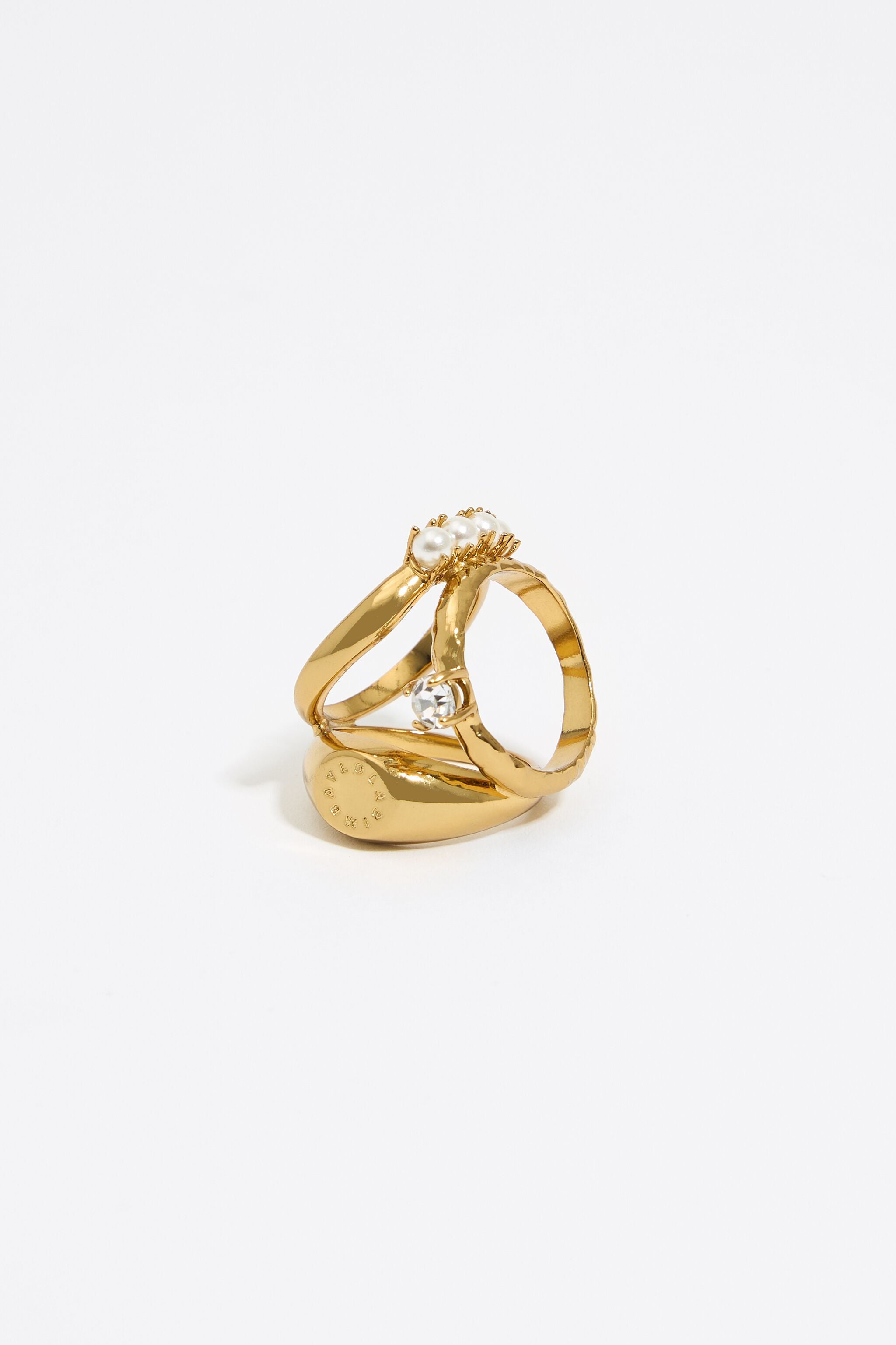 Gold crystals and pearls scarf ring