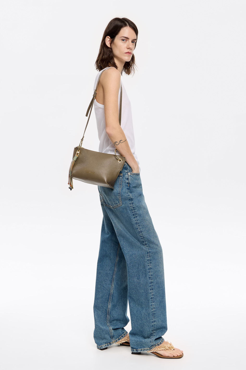 Medium dark taupe leather trapezium bag