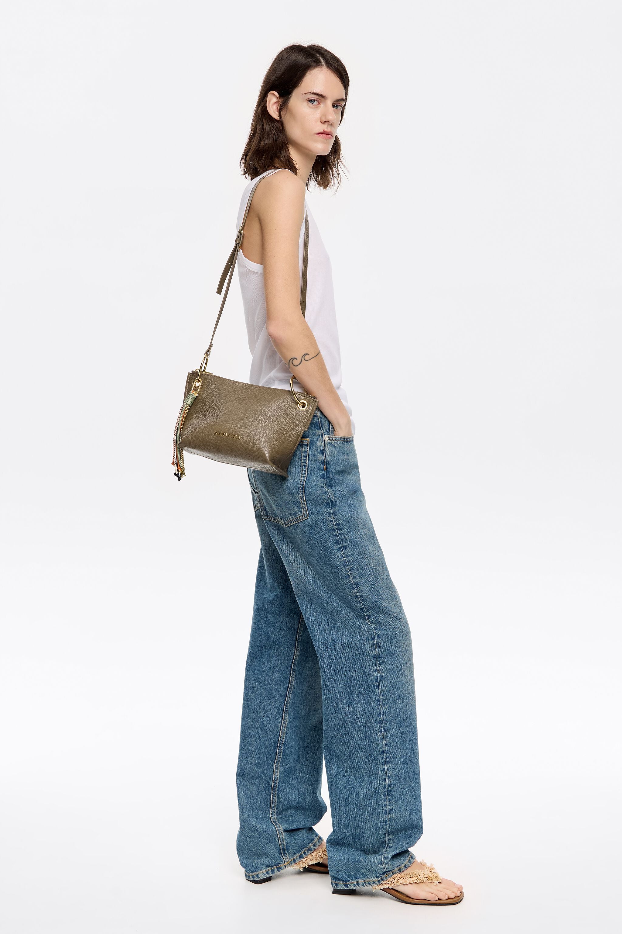 Medium dark taupe leather trapezium bag