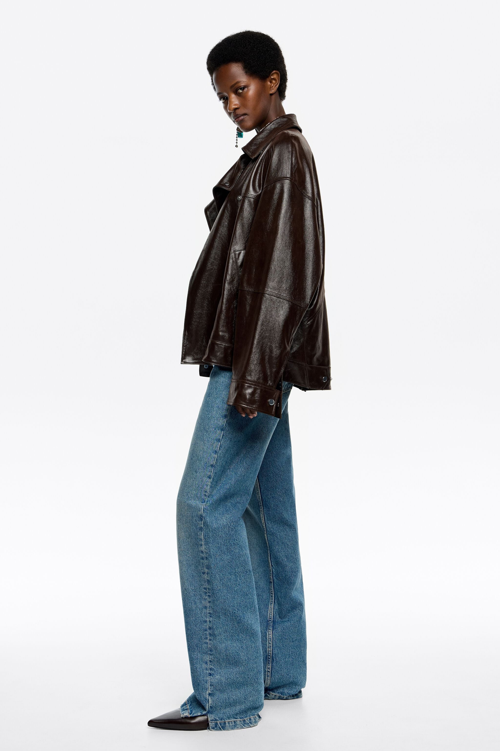 Dark brown satin finish leather jacket