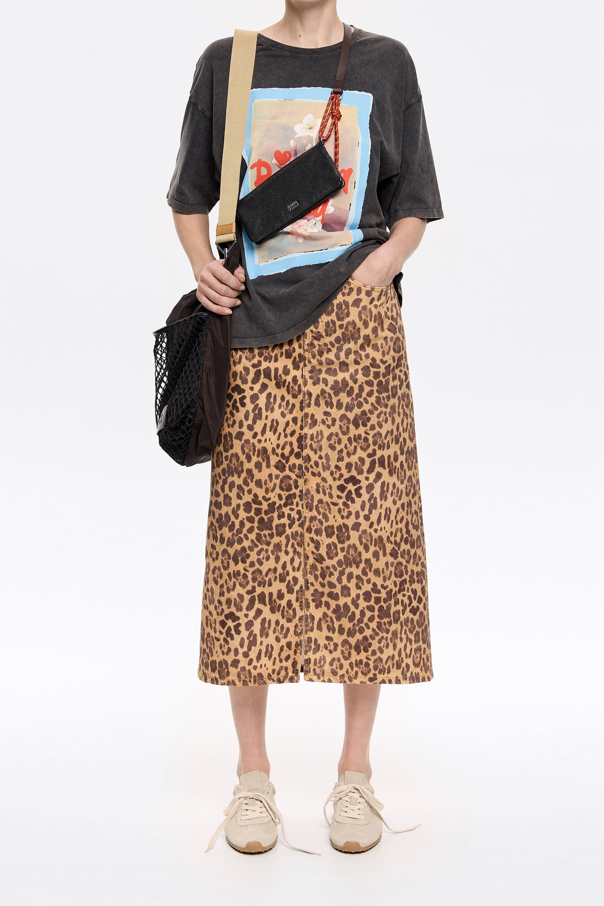 Natural Leopard A-line denim skirt