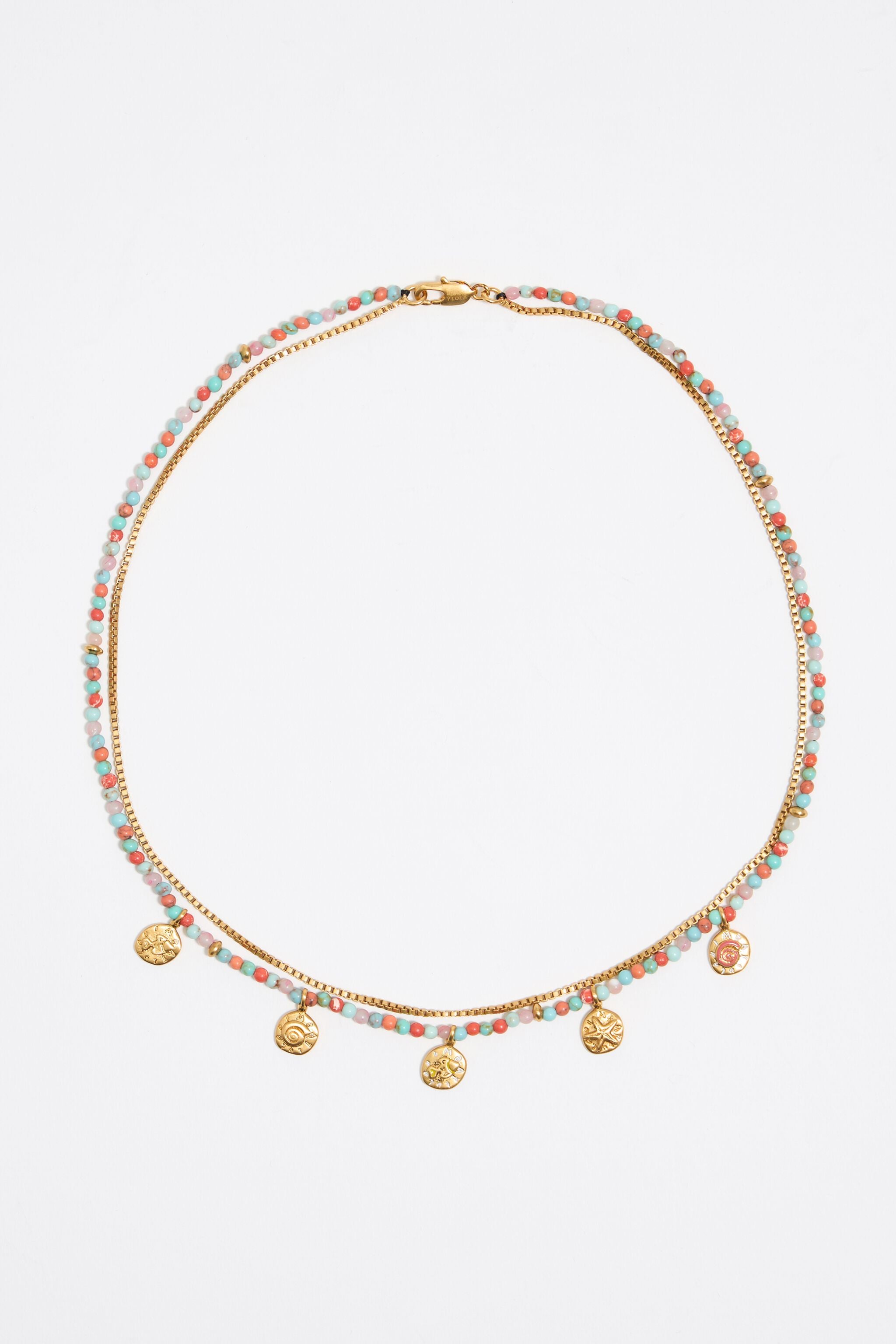 Coin logo and multicolor stones necklace