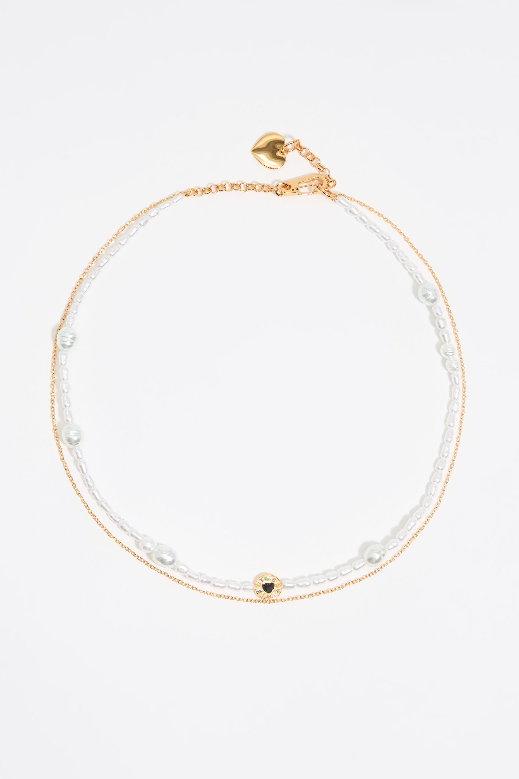 Pearl and heart logo double chain necklace