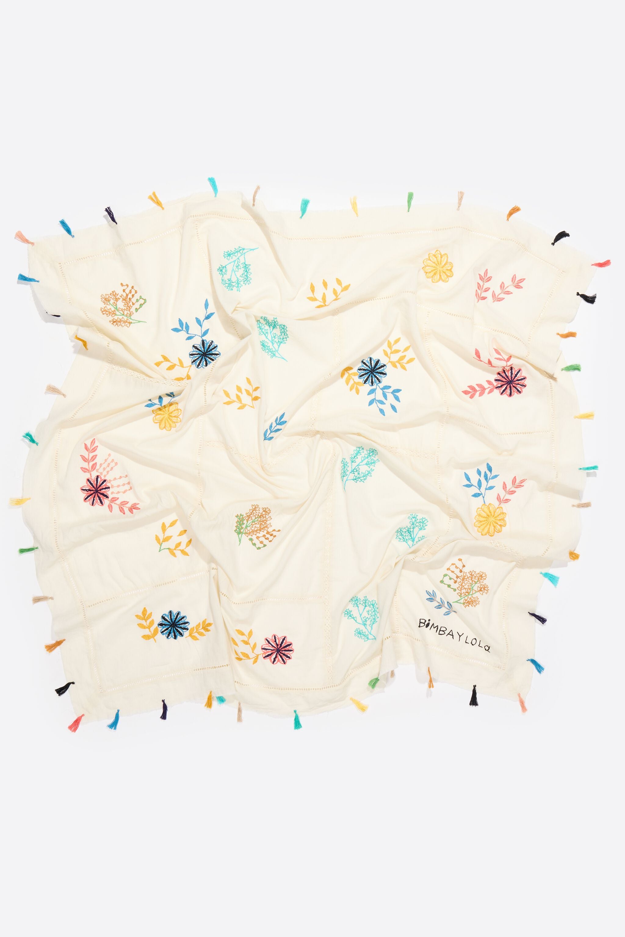 Embroidered floral patchwork cotton shawl