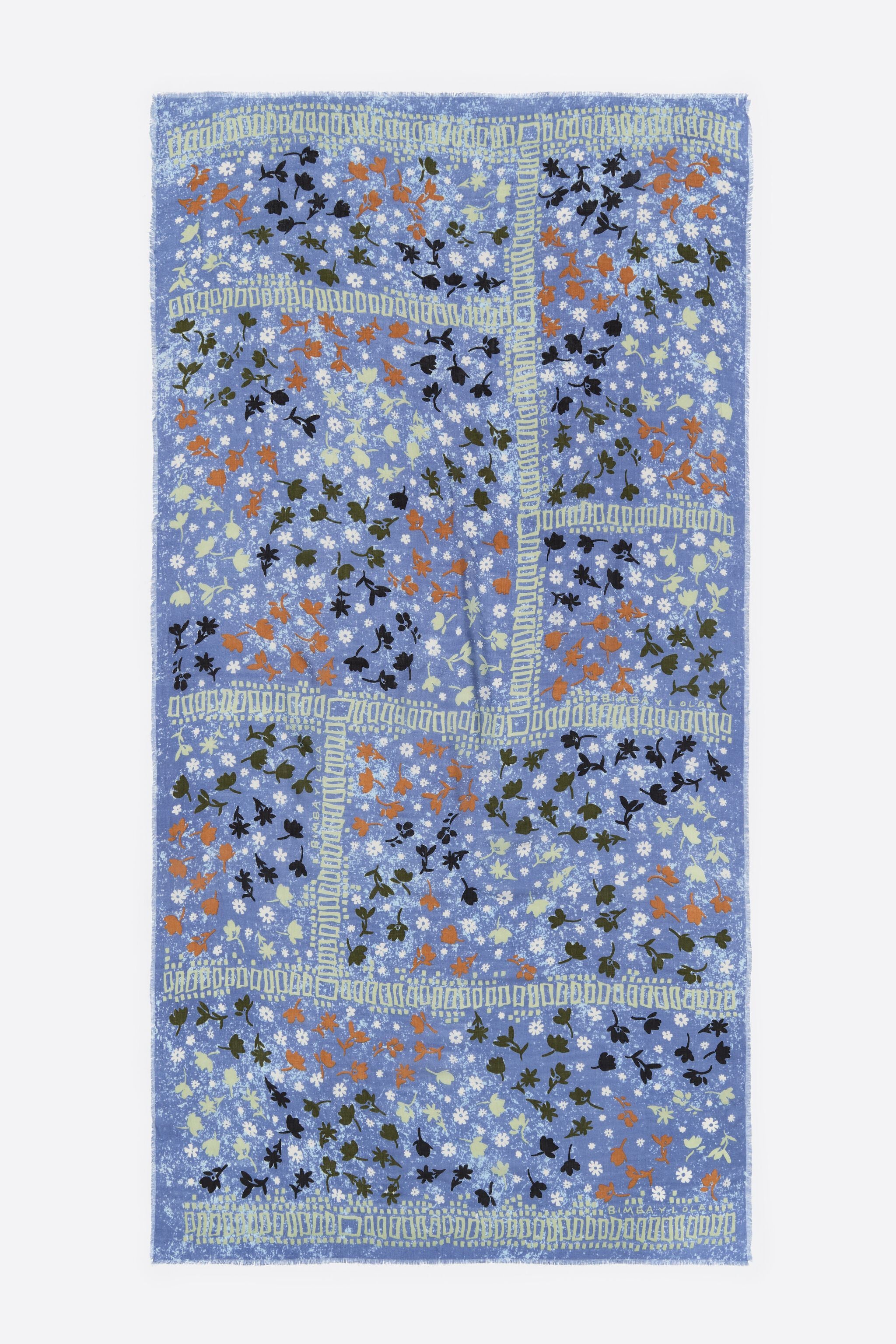 Blue ditsy floral and borders shawl