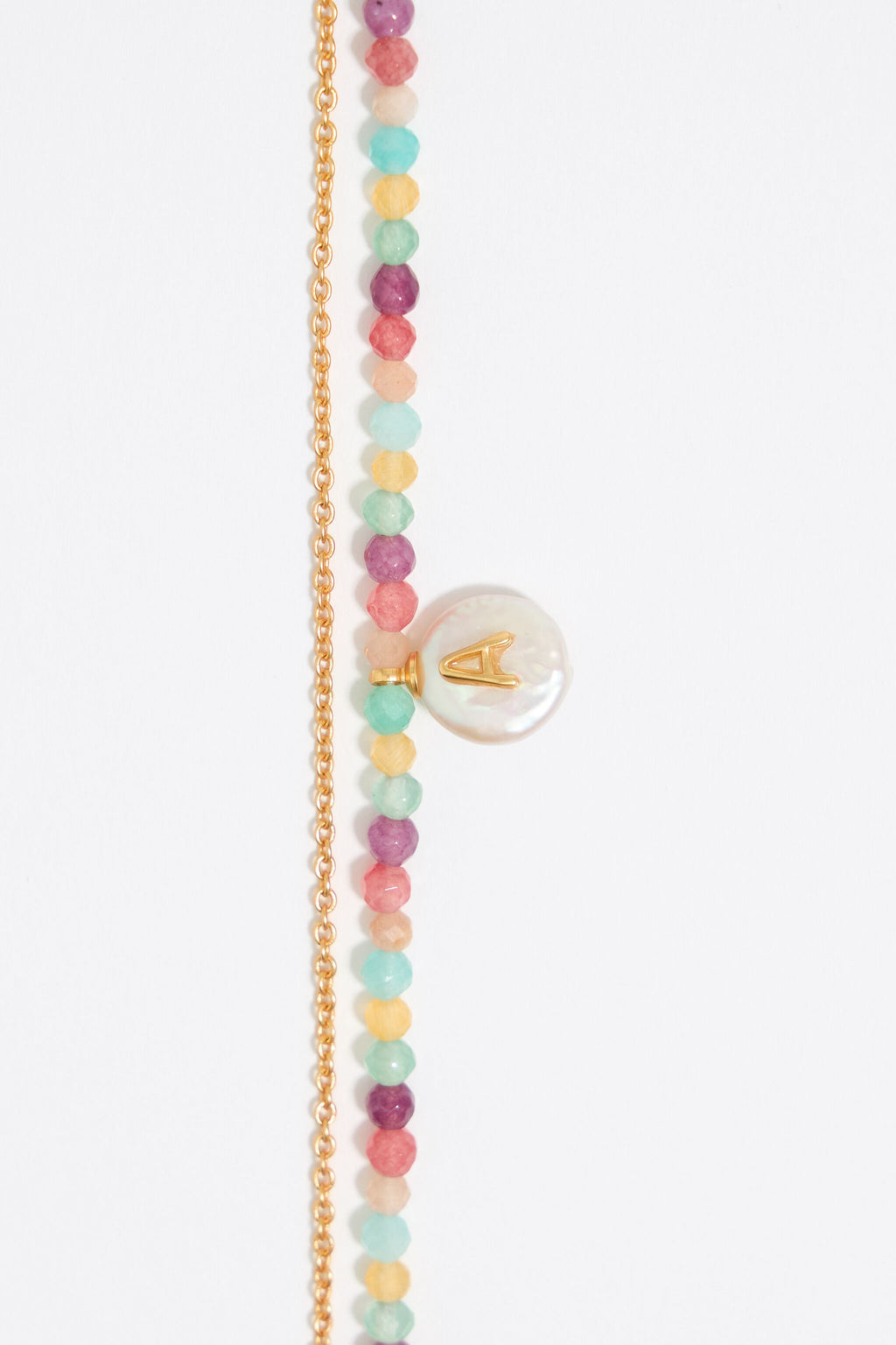 Letter A pearl and multicolor stones necklace