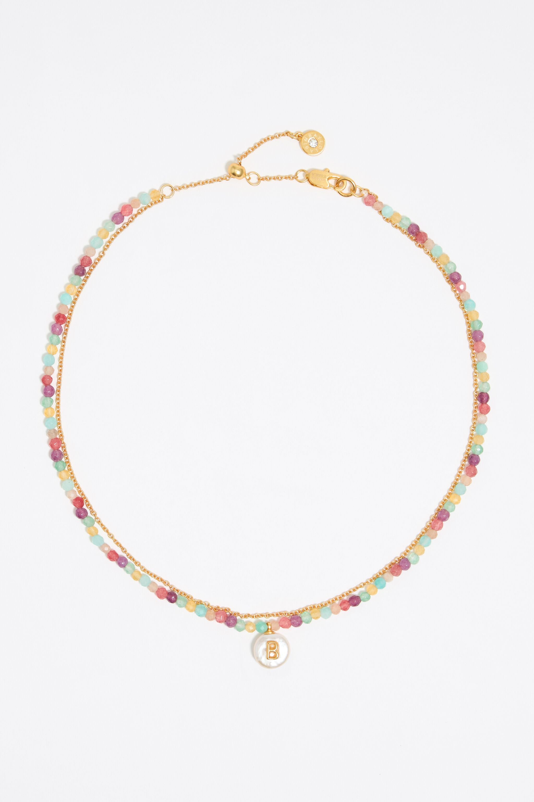 Letter B pearl and multicolor stones necklace
