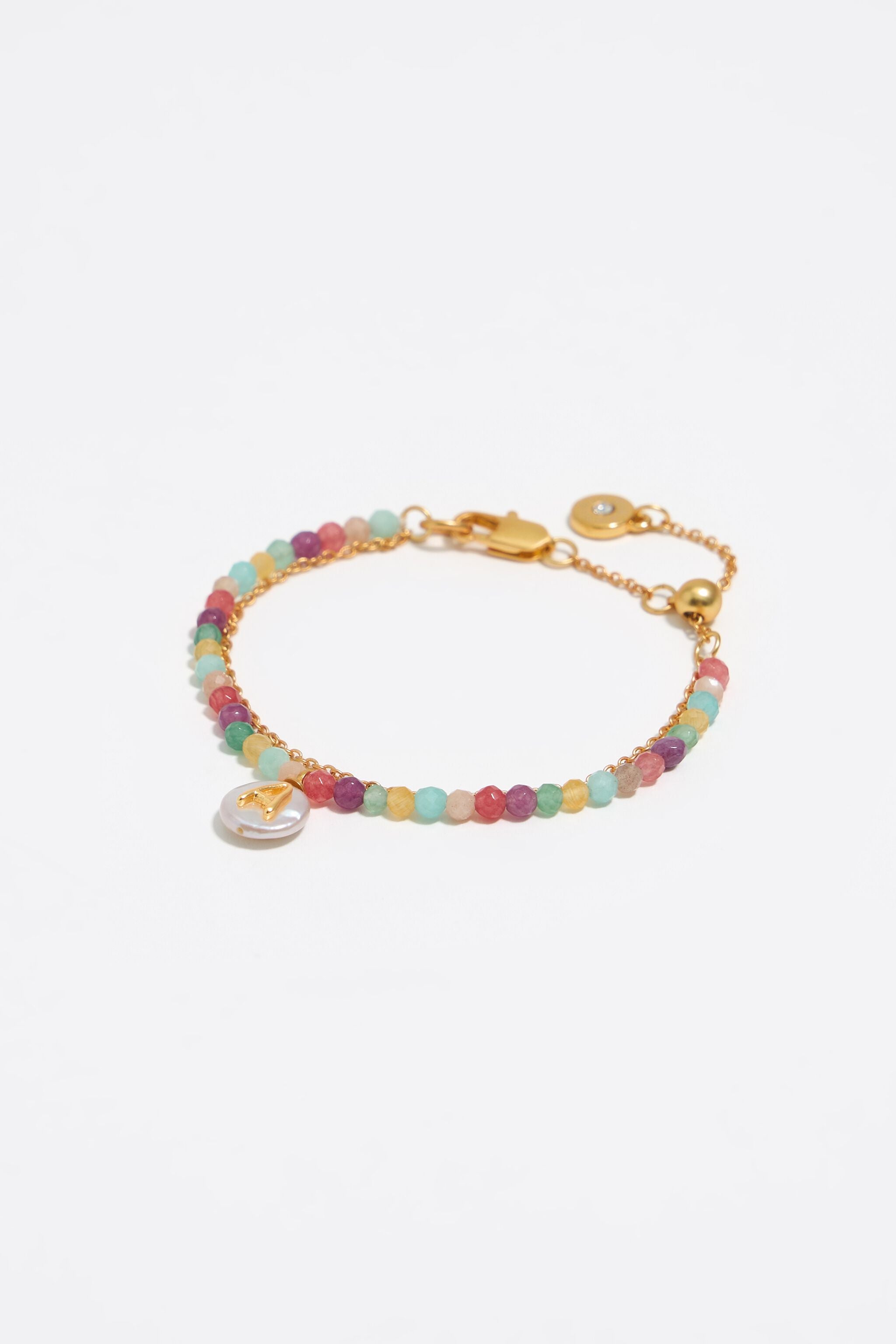 Letter A pearl and multicolor stones bracelet