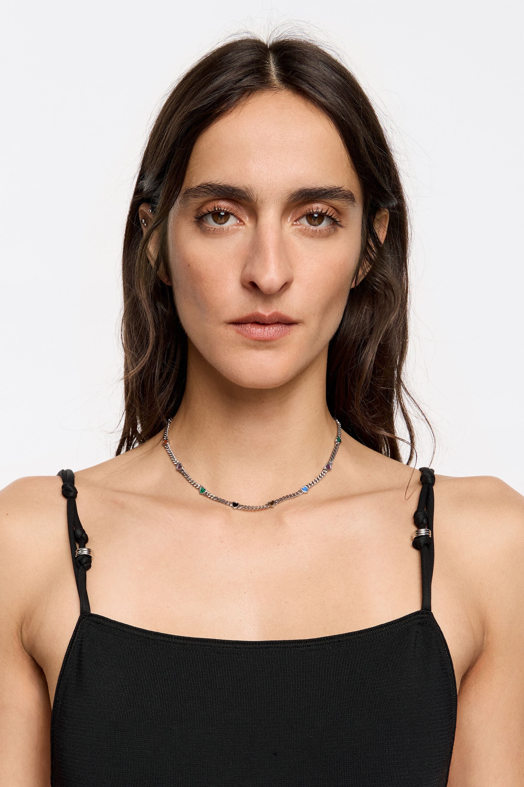 Multicolor stone heart chain necklace