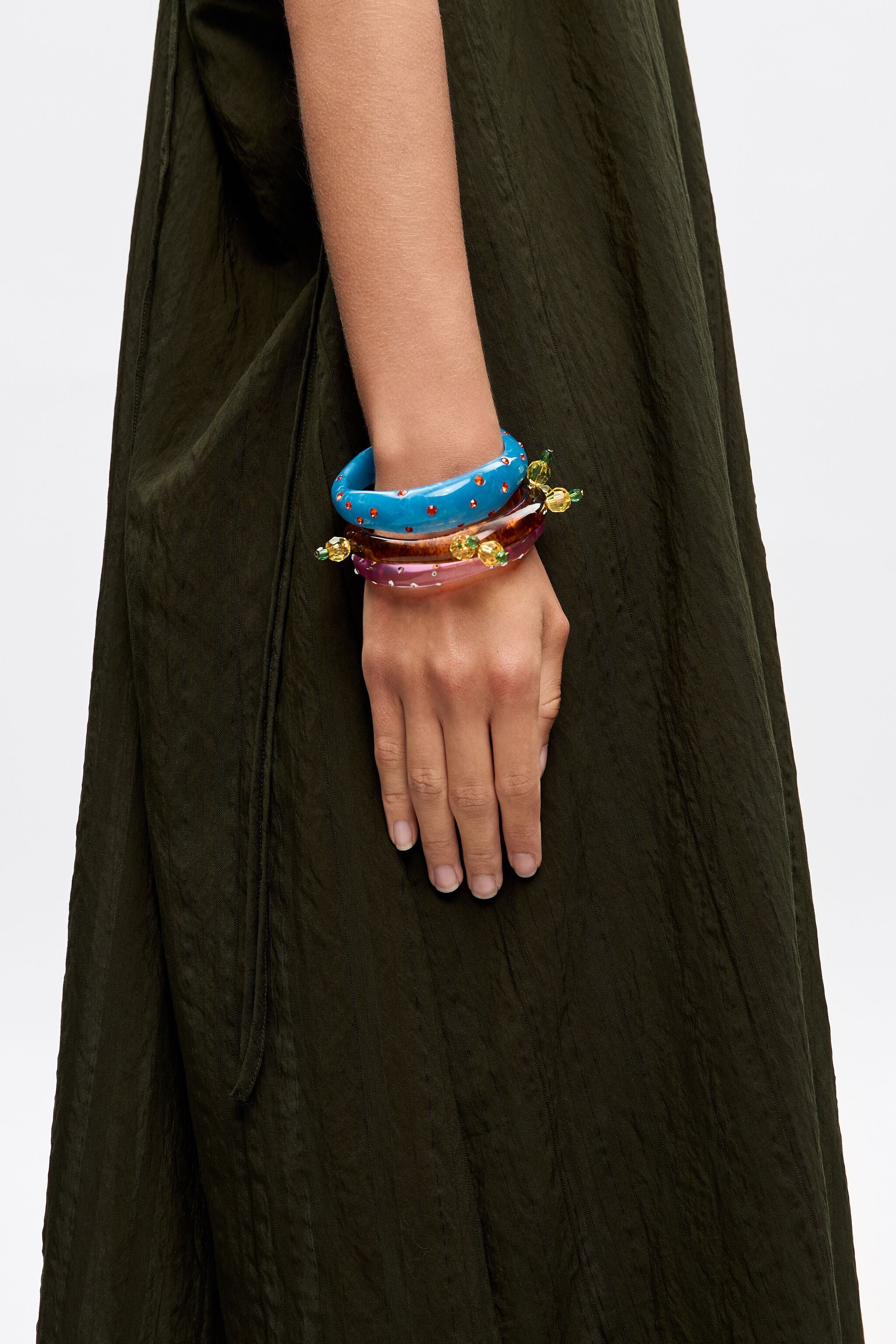 Set of three resin and multicolor crystal cactus bracelets