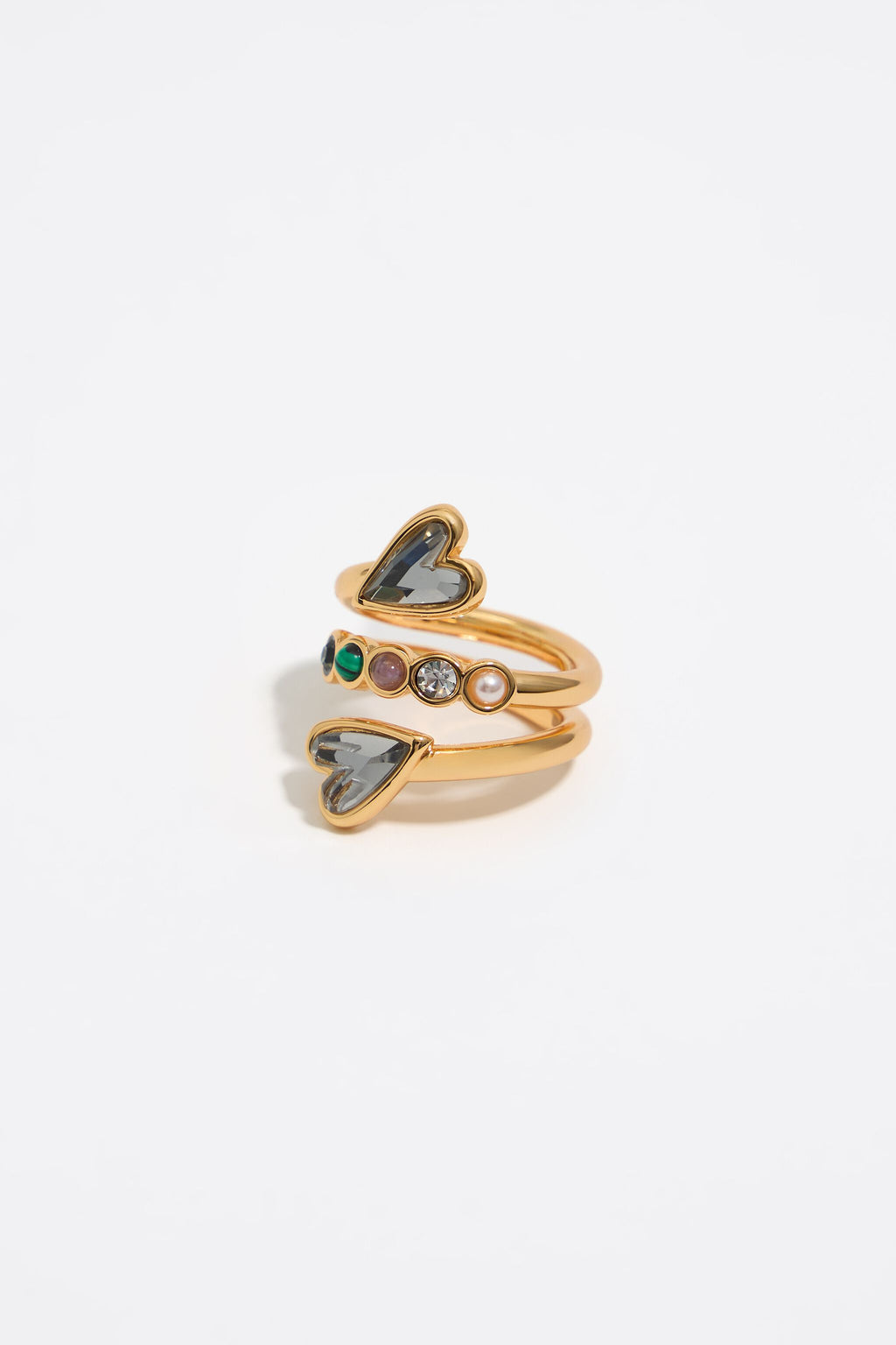 Crystal hearts spiral ring
