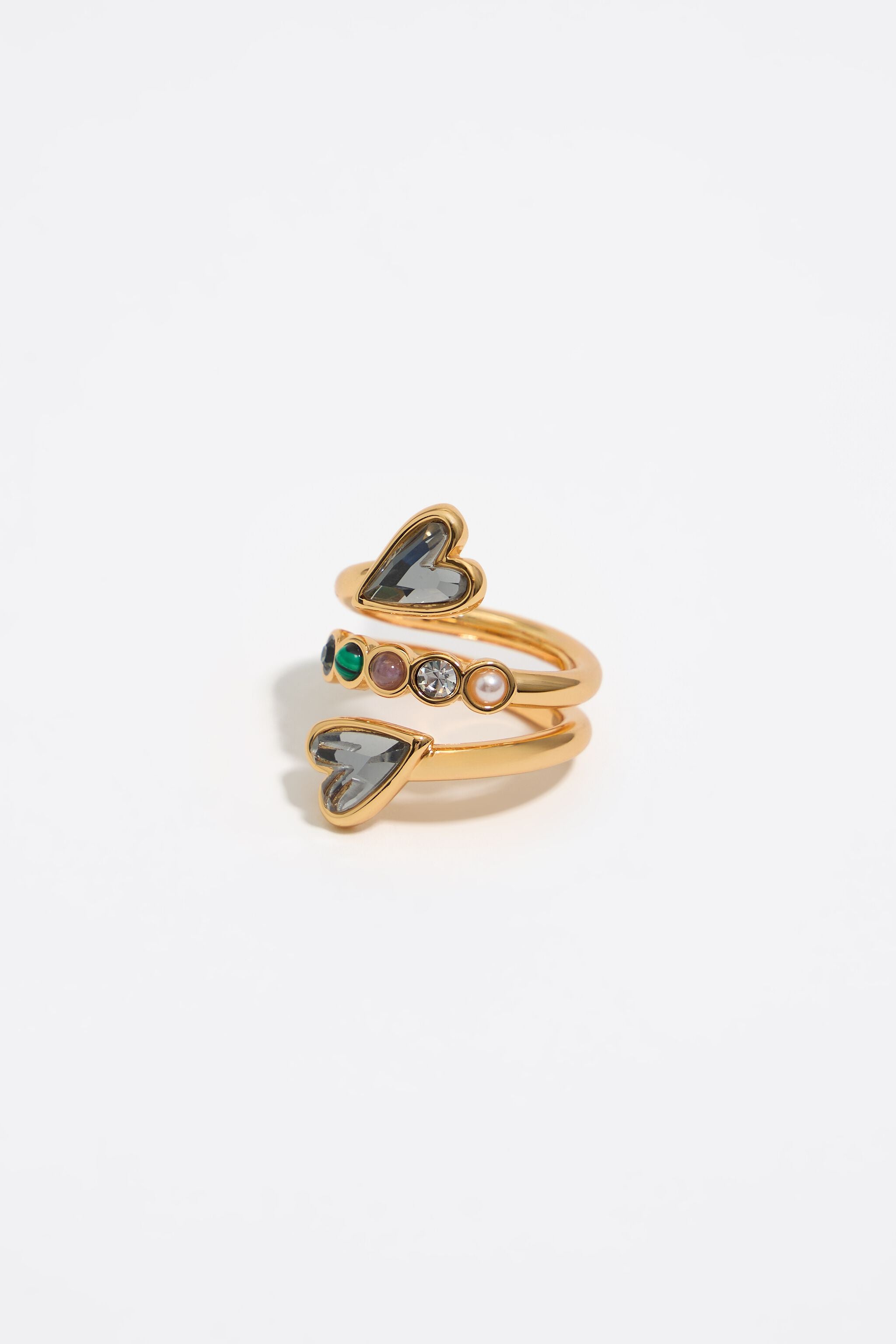 Crystal hearts spiral ring