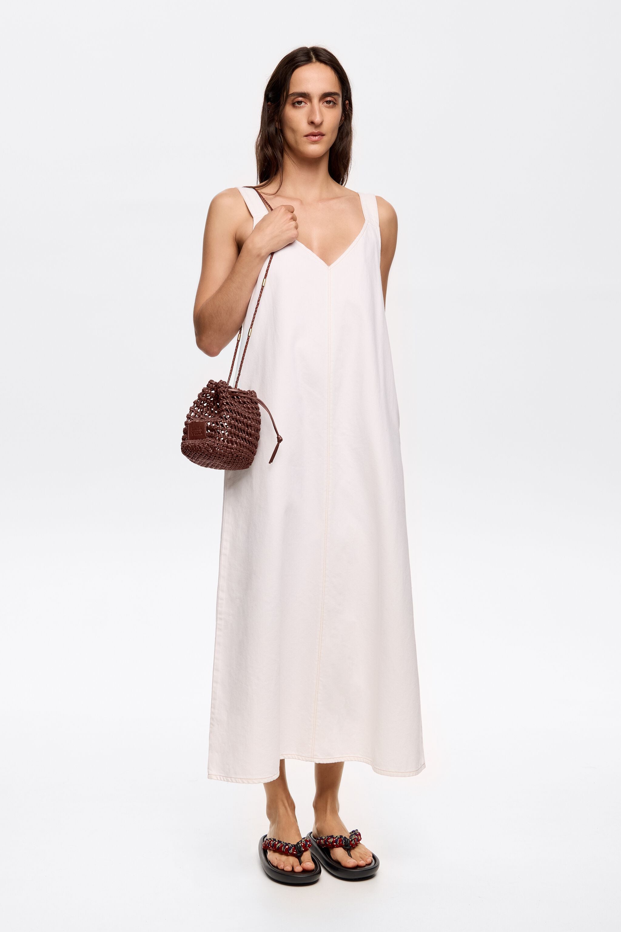 Small walnut plaited leather bucket bag