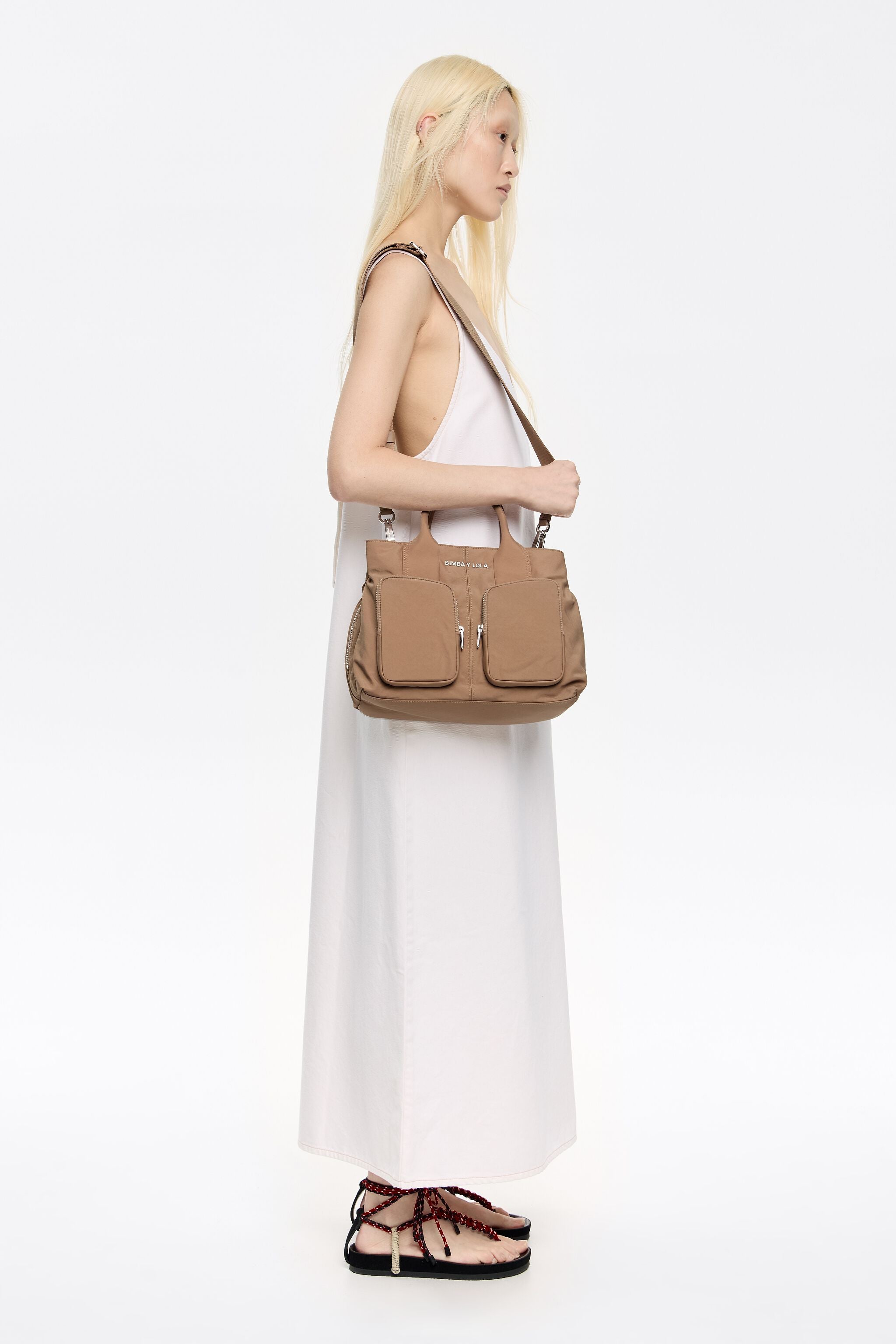 Large bark brown nylon Pocket handbag