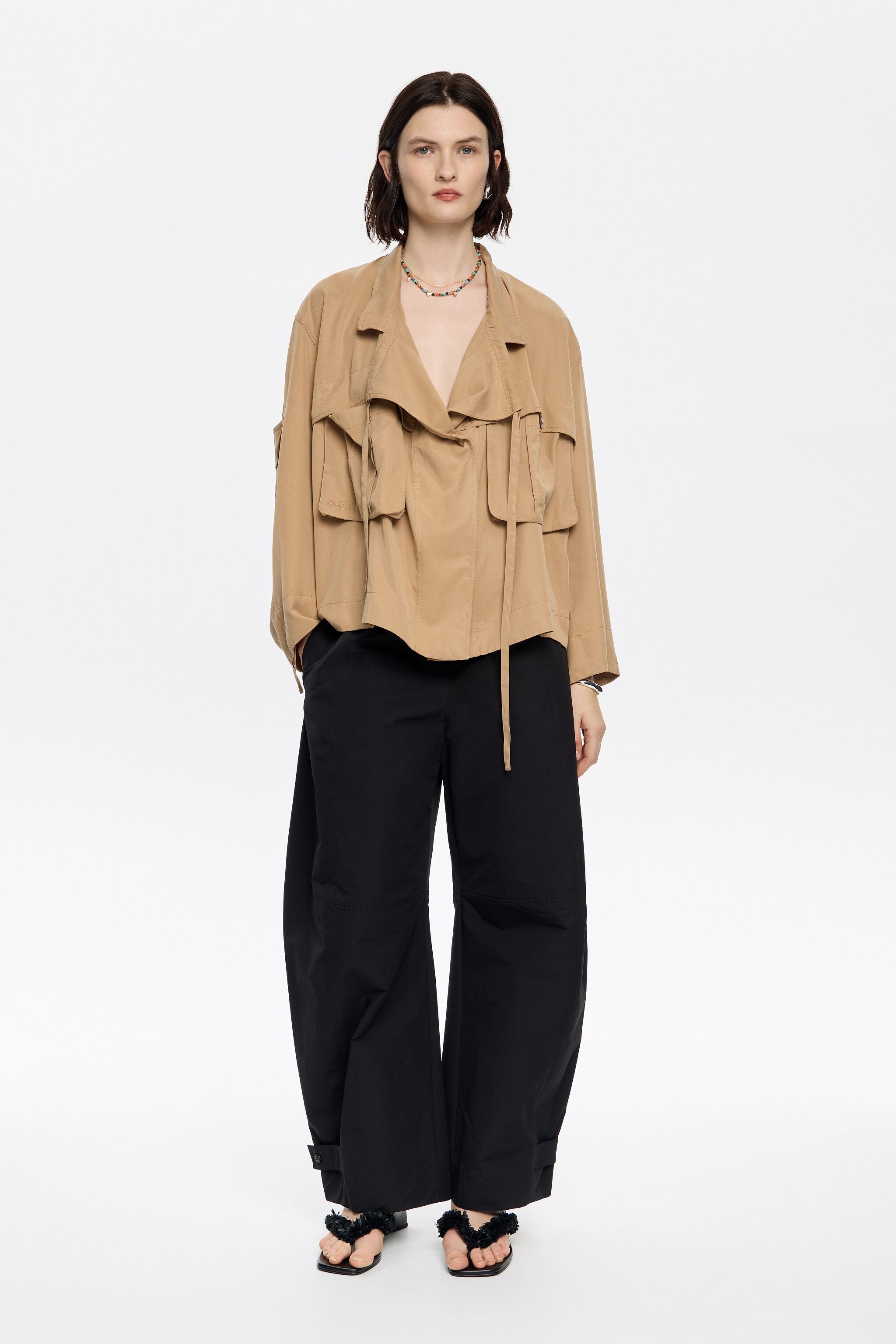 Camel fluid double-breasted jacket