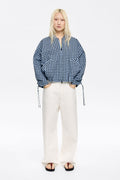 Powder blue checked textured bomber jacket