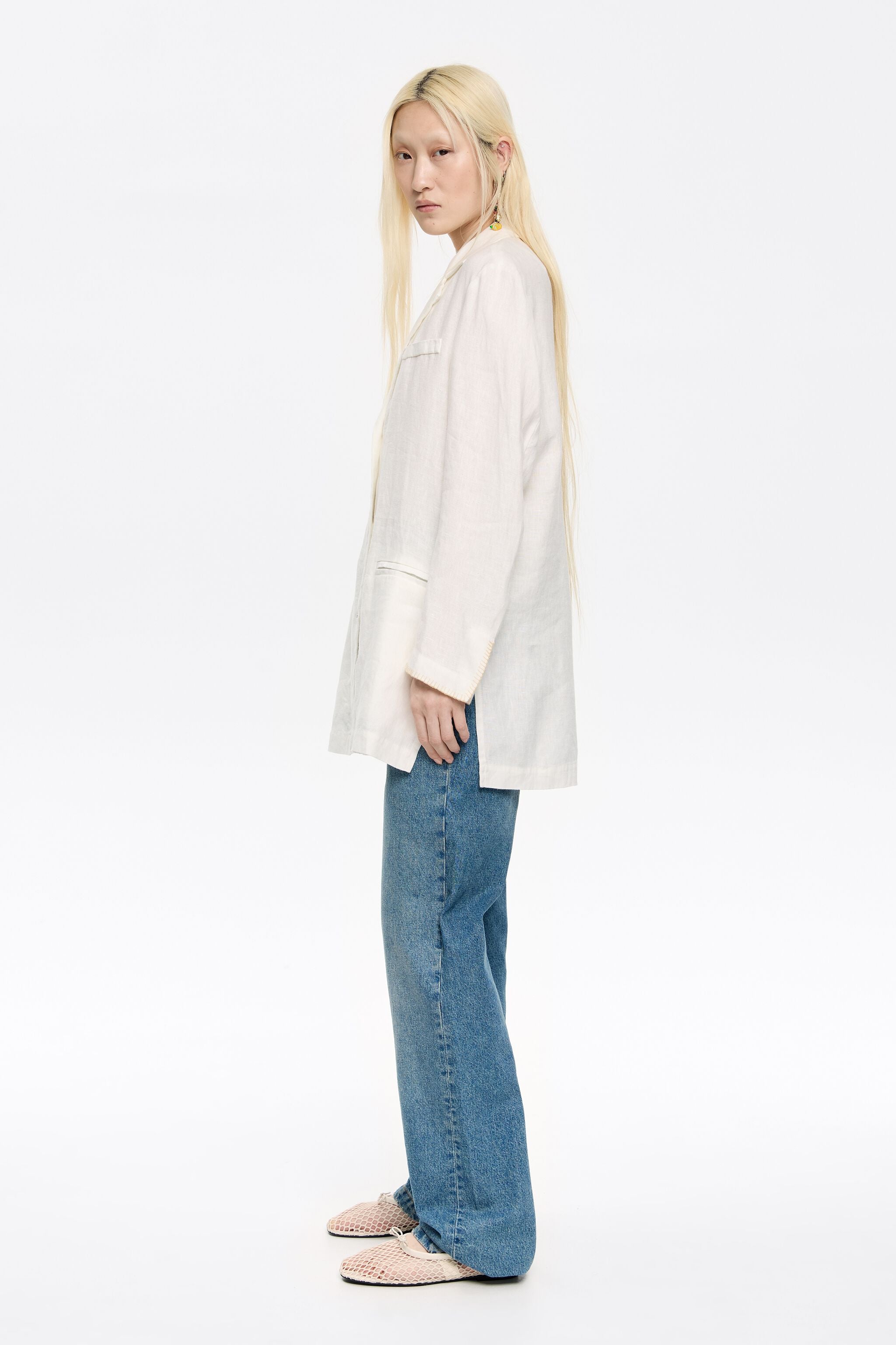 Ivory linen tailored jacket with stitching