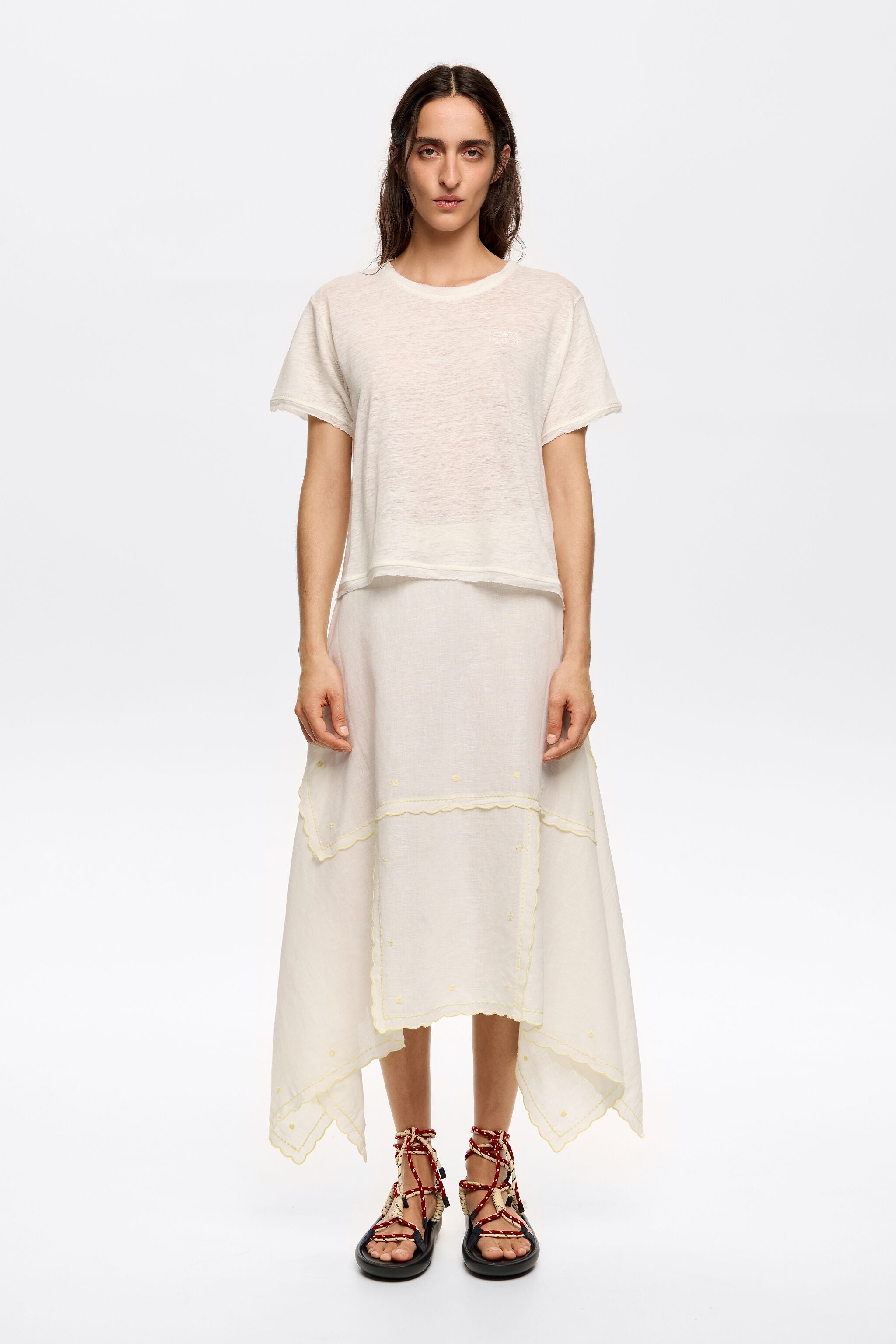 Cream embroidered asymmetric midi skirt