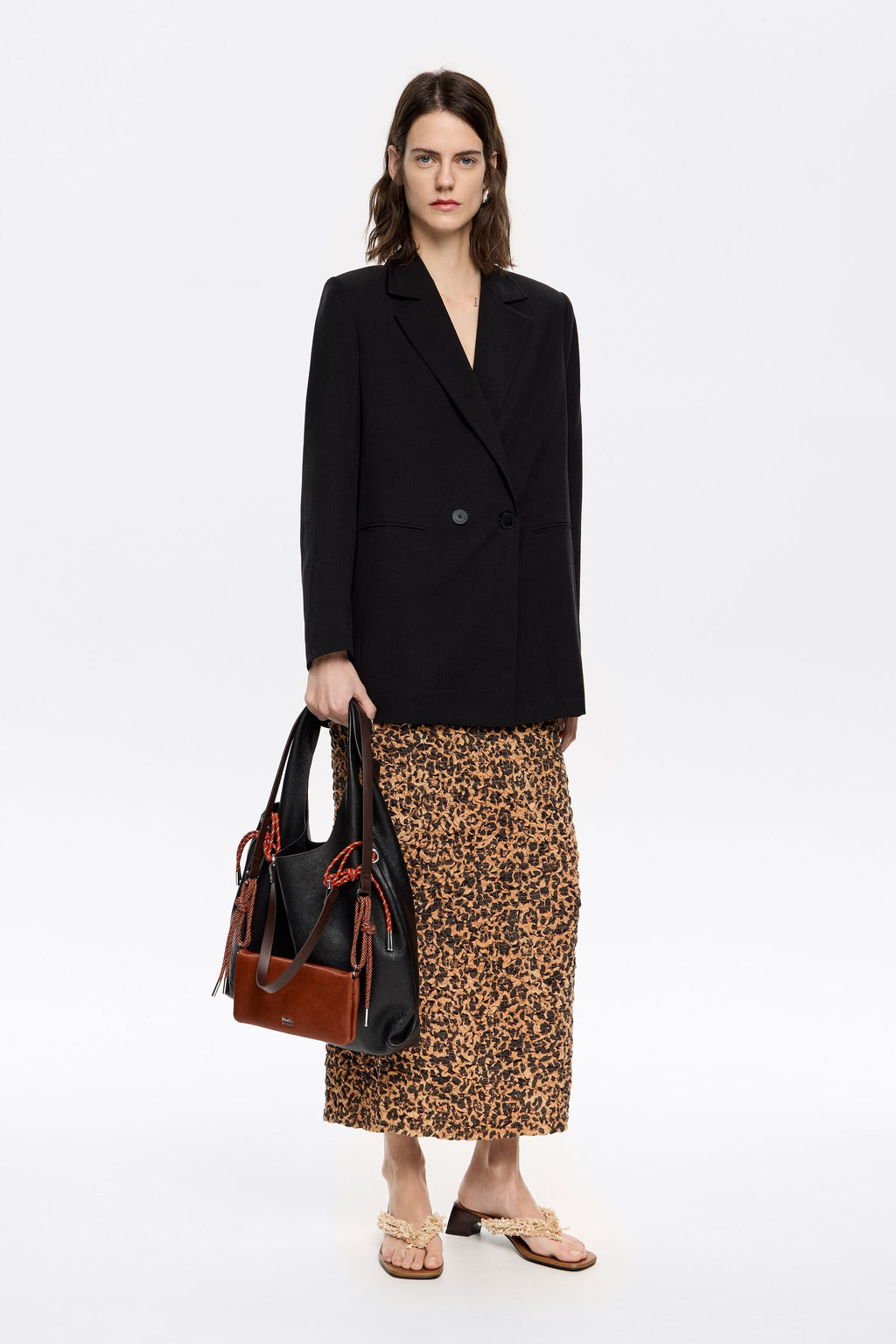 Beige Leopard straight gathered skirt