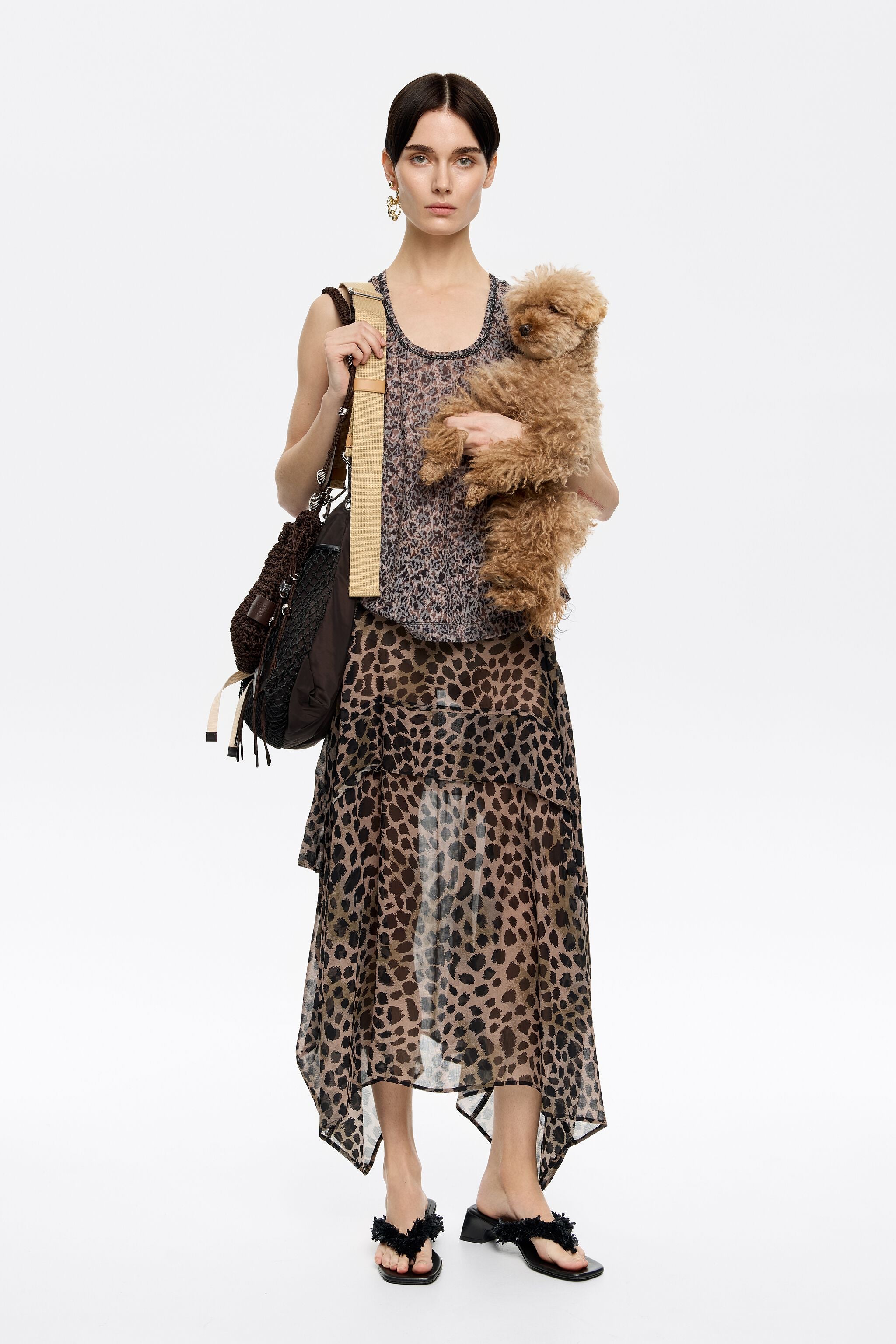 Khaki Cheetah asymmetric fluid skirt