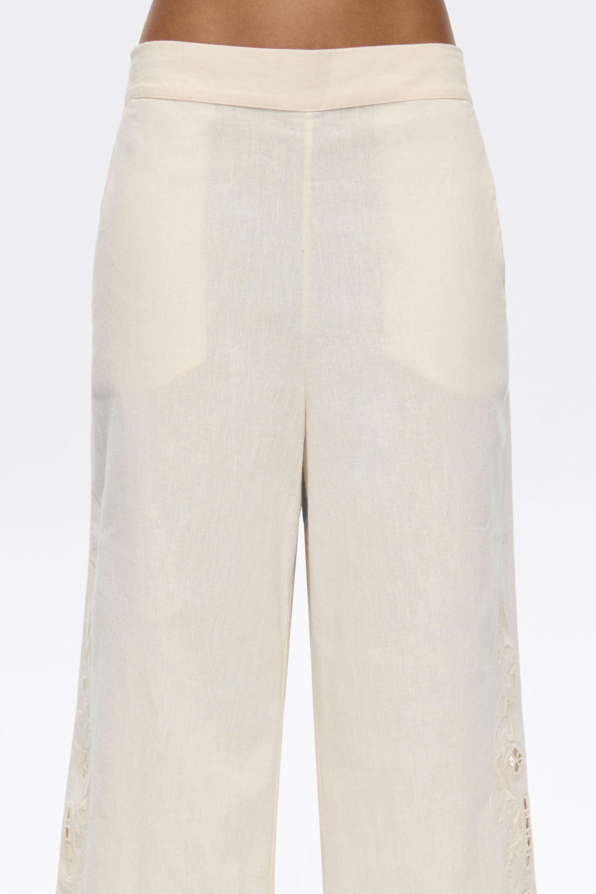 Cream linen embroidered straight trousers