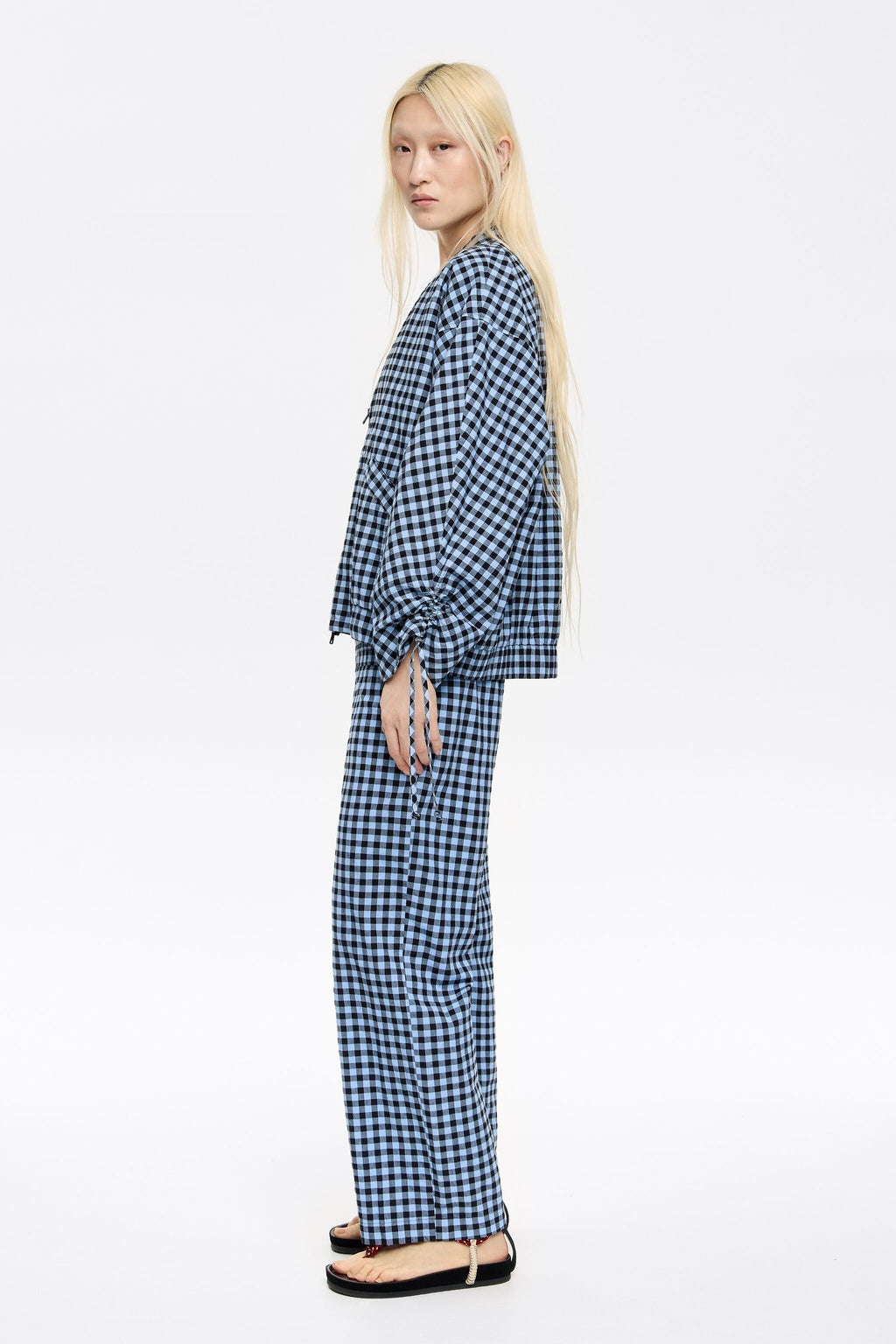 Powder blue checked textured straight trousers