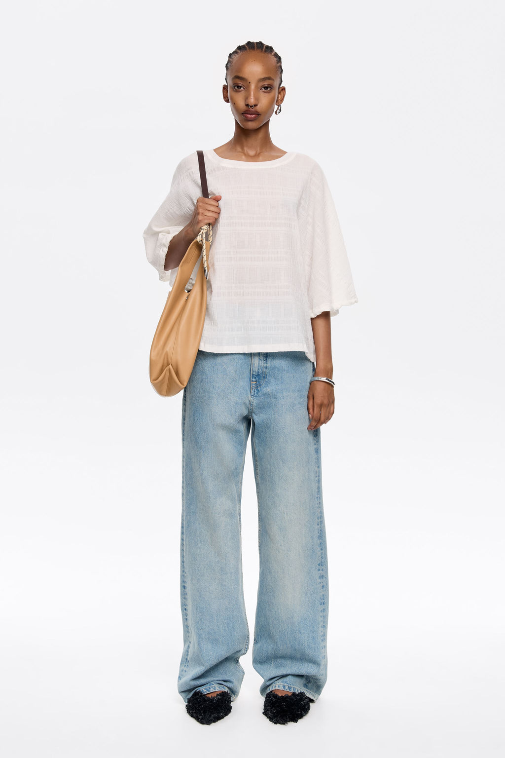 Ivory cotton two-fabric T-shirt