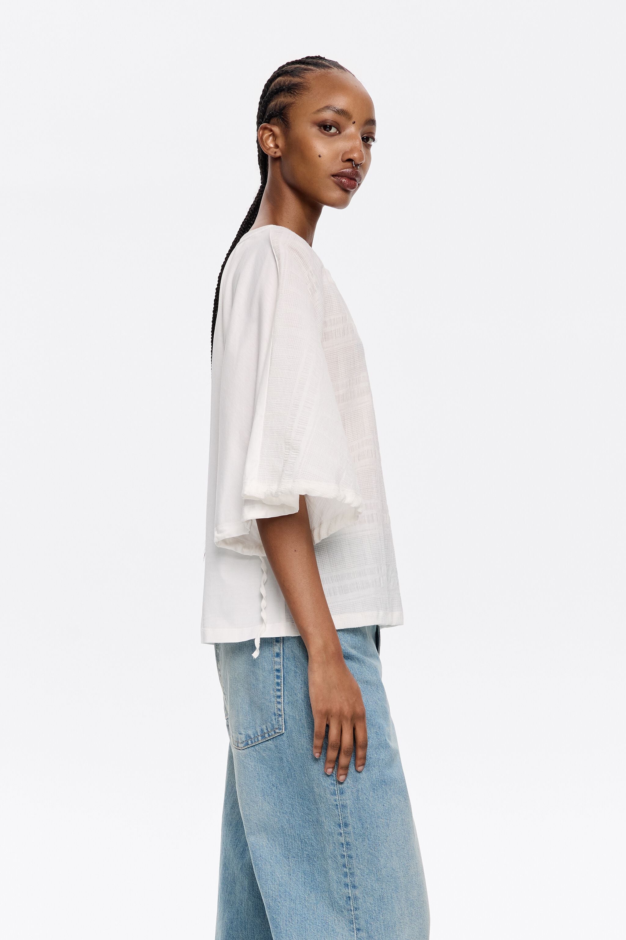 Ivory cotton two-fabric T-shirt