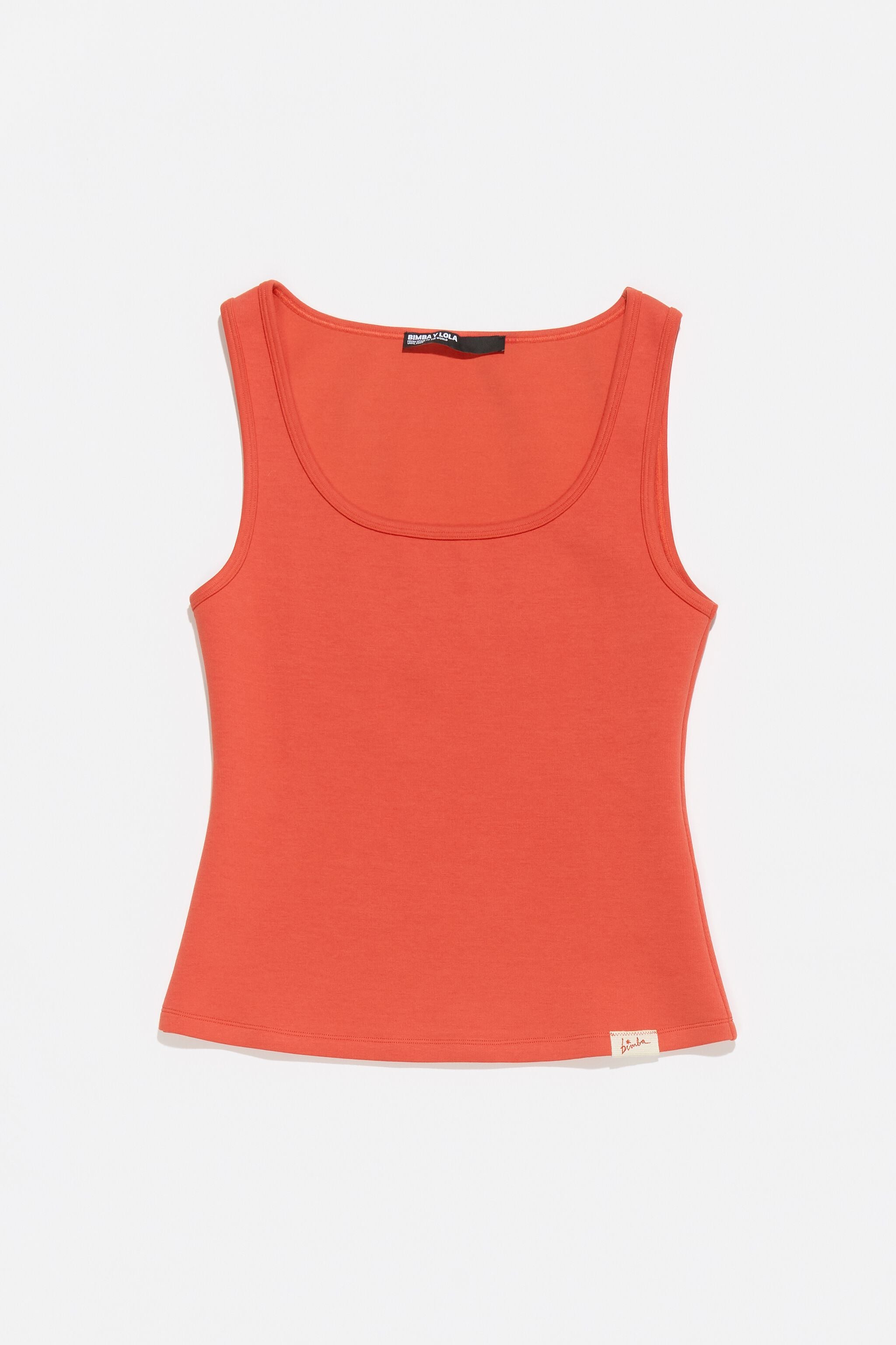 Red fitted top with square neckline
