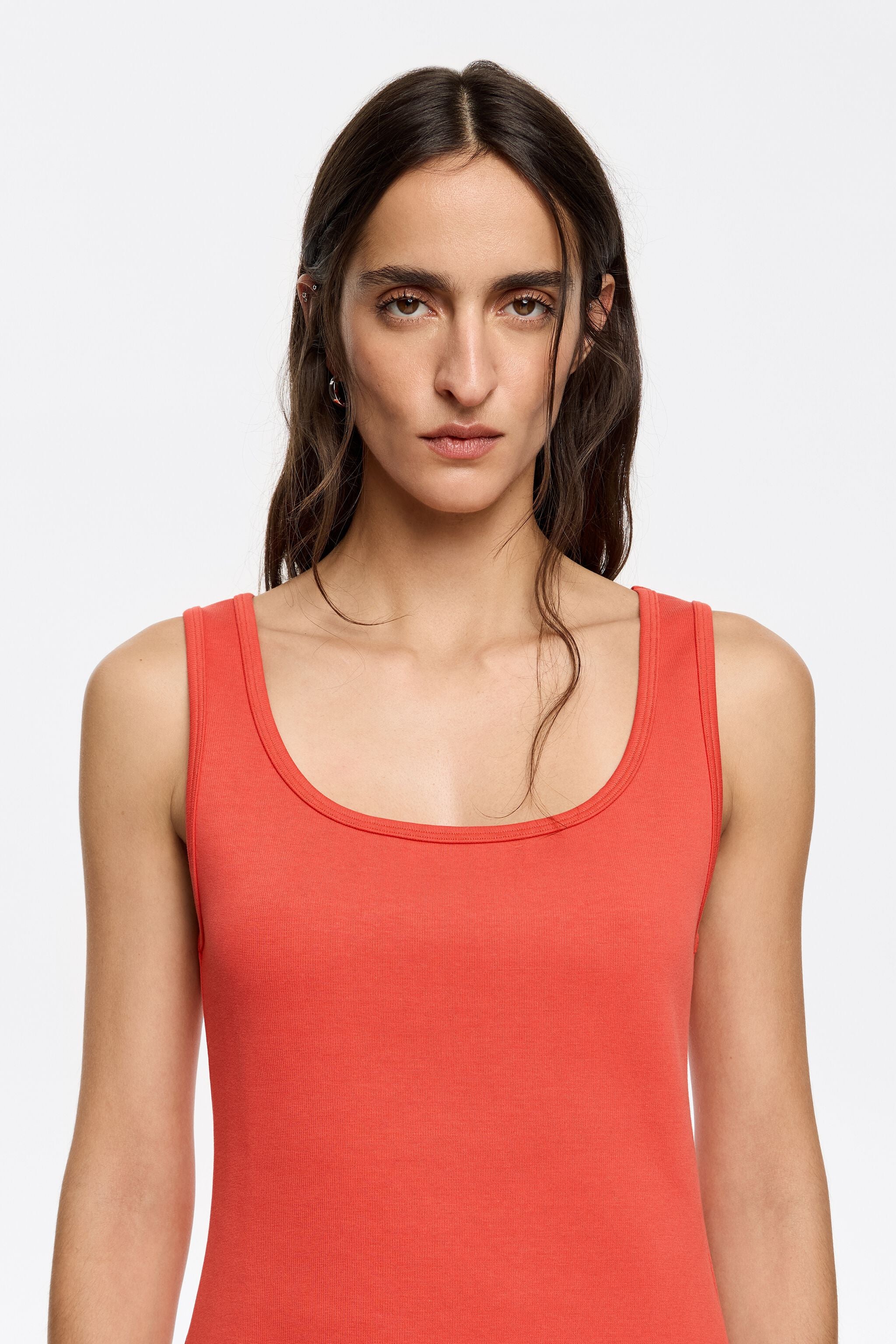 Red fitted top with square neckline