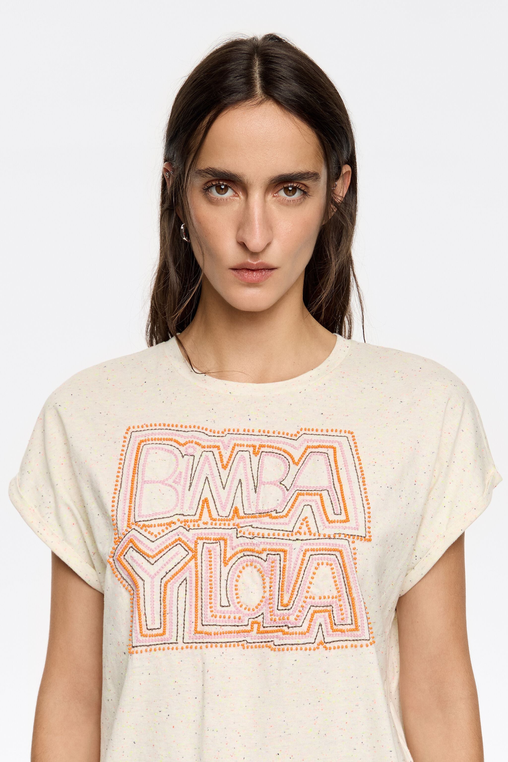 White embroidered and beaded logo T-shirt