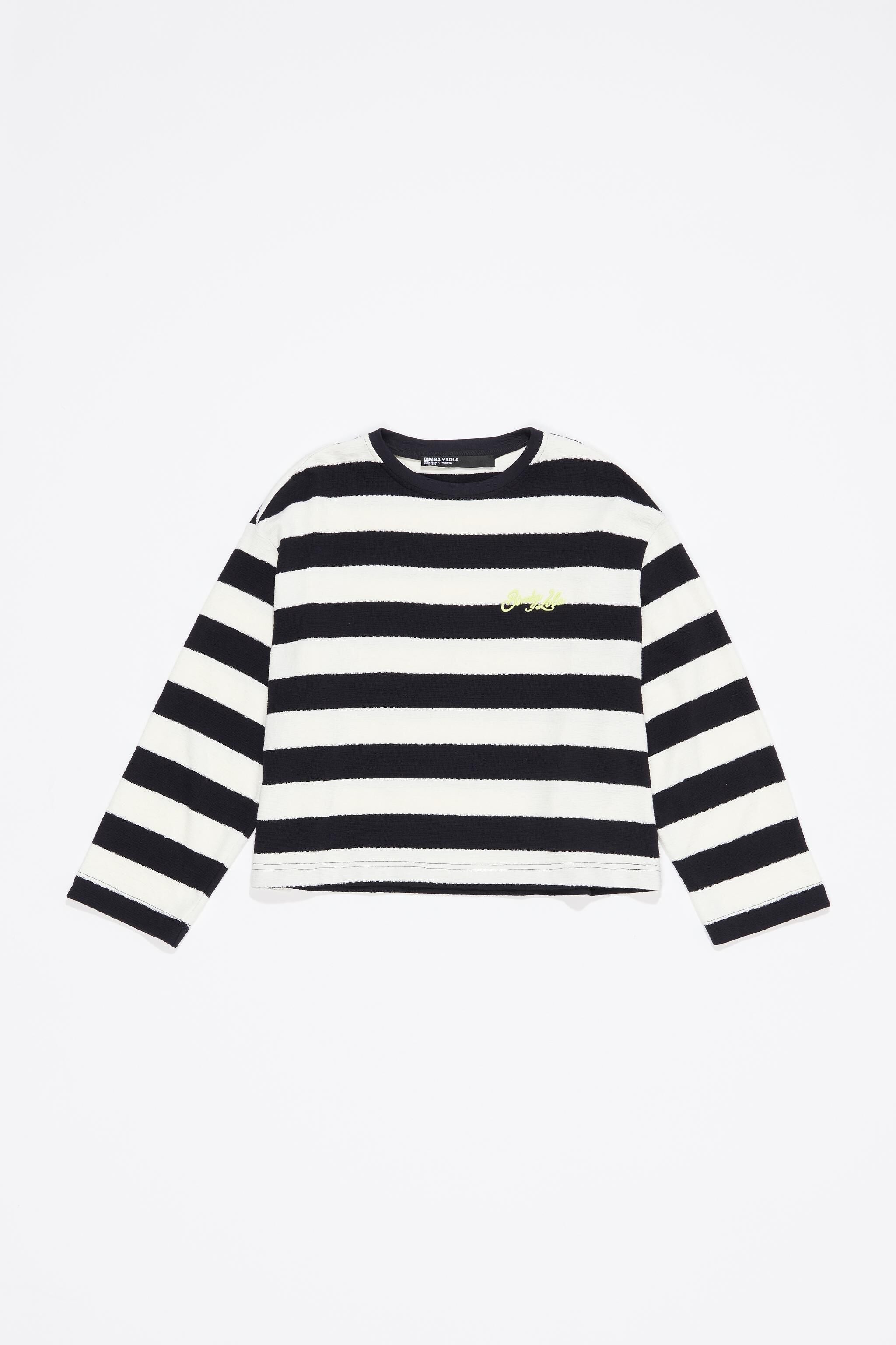 Navy blue striped cotton straight T-shirt