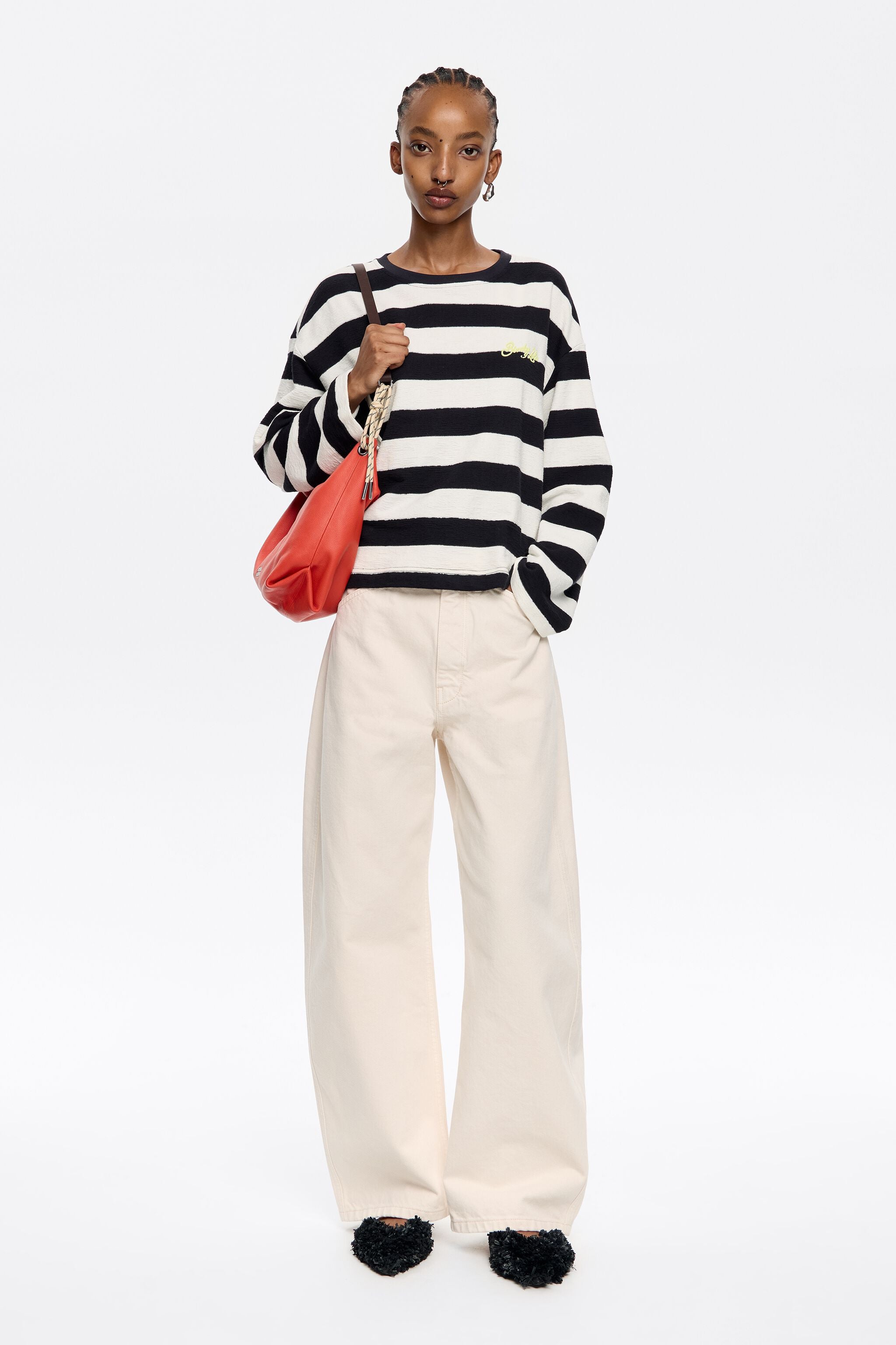 Navy blue striped cotton straight T-shirt