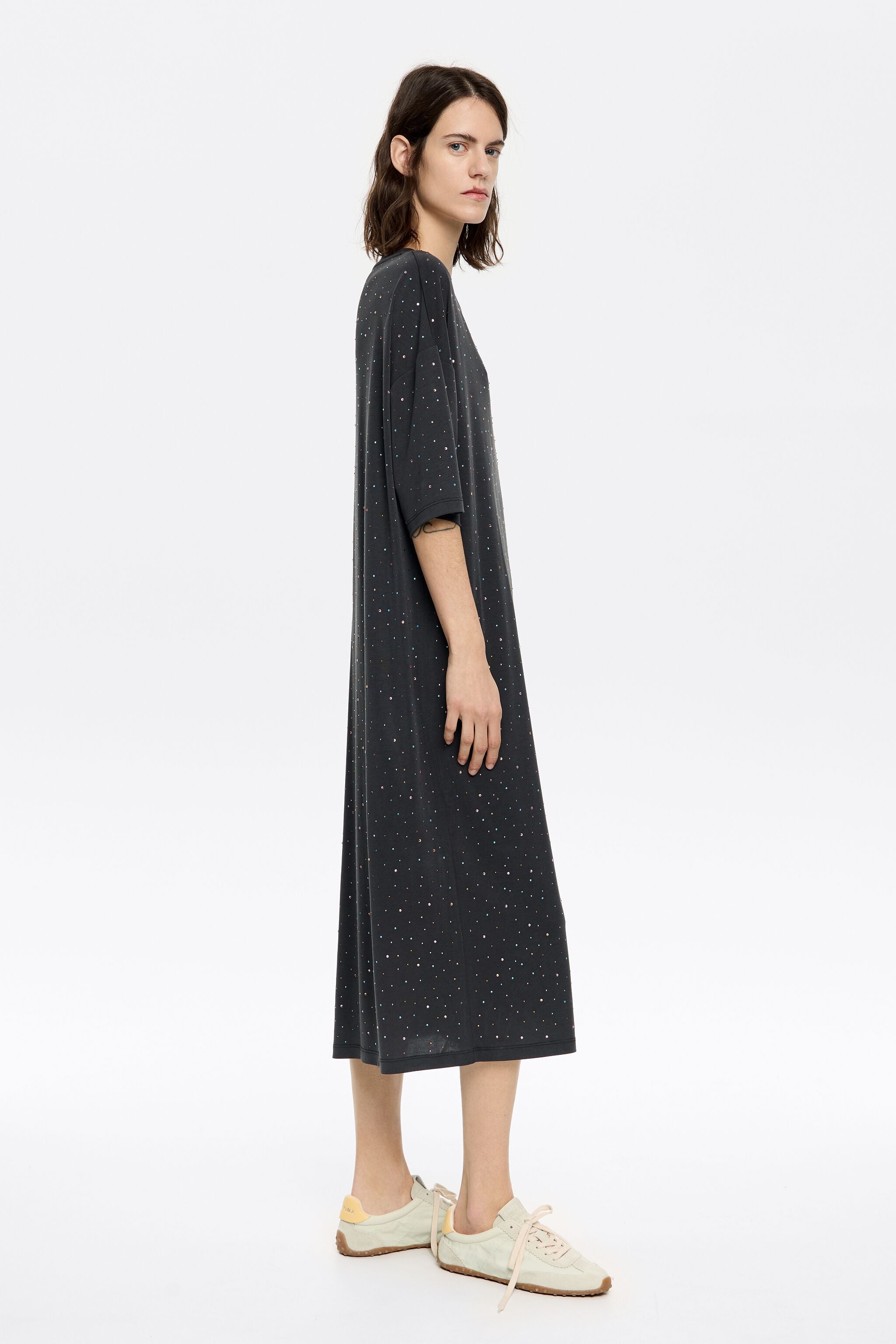 Black rhinestones fluid midi dress