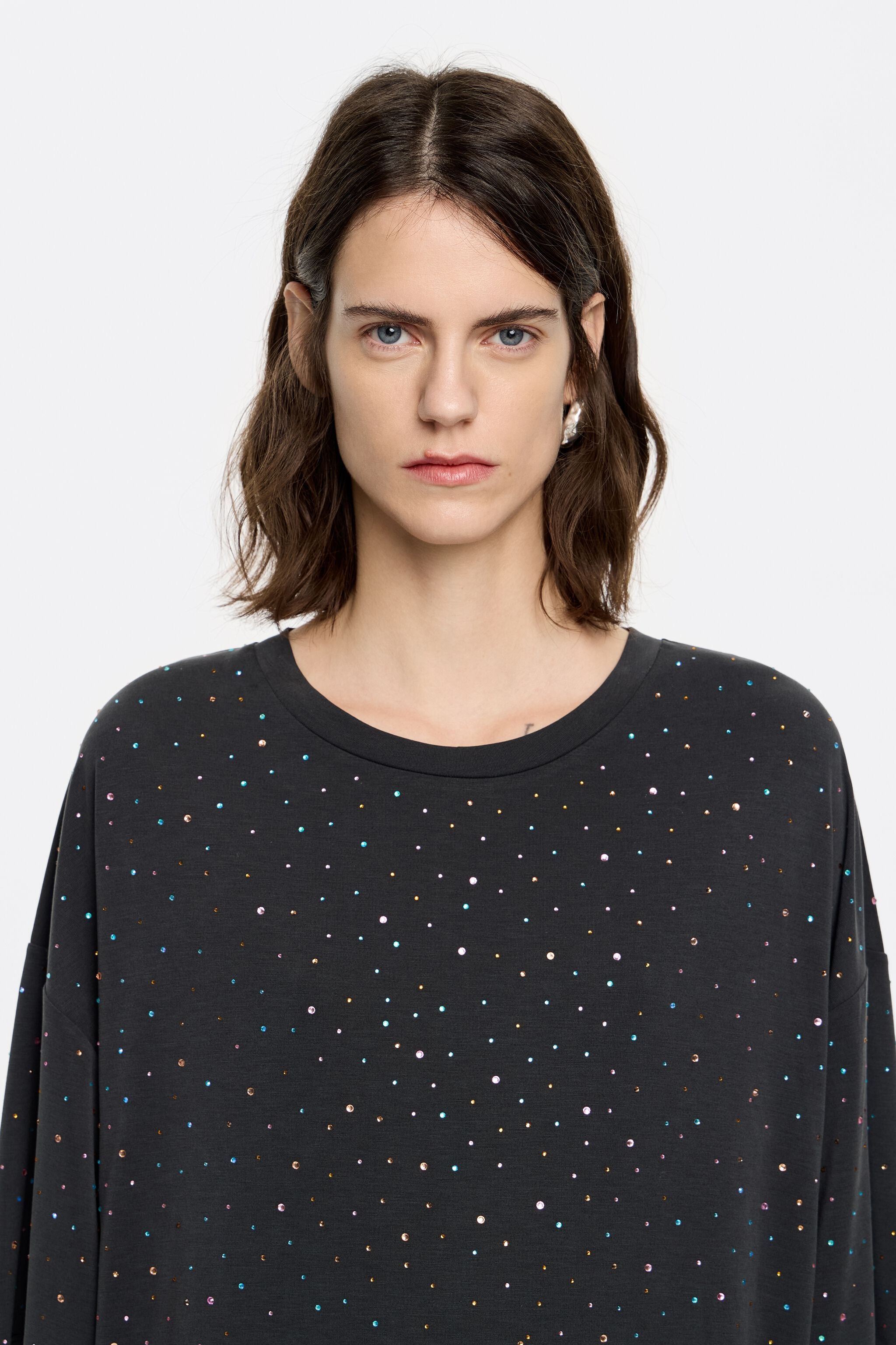 Black rhinestones fluid midi dress