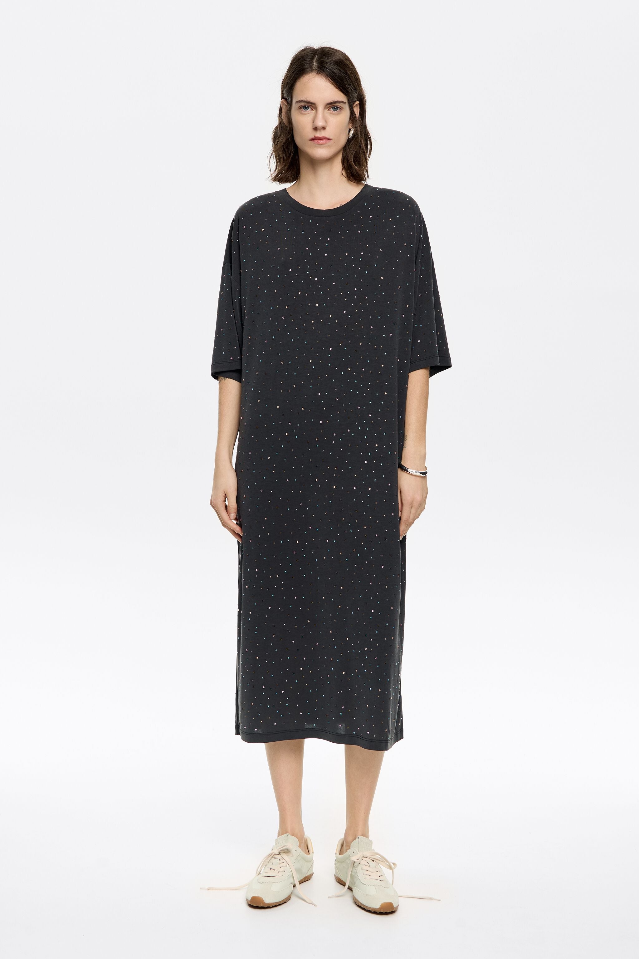 Black rhinestones fluid midi dress