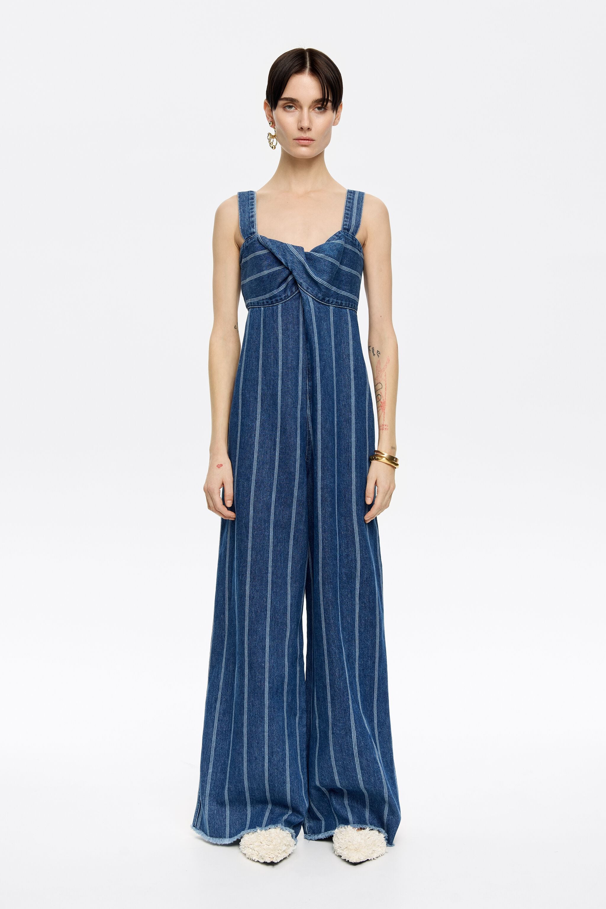 Blue striped denim jumpsuit