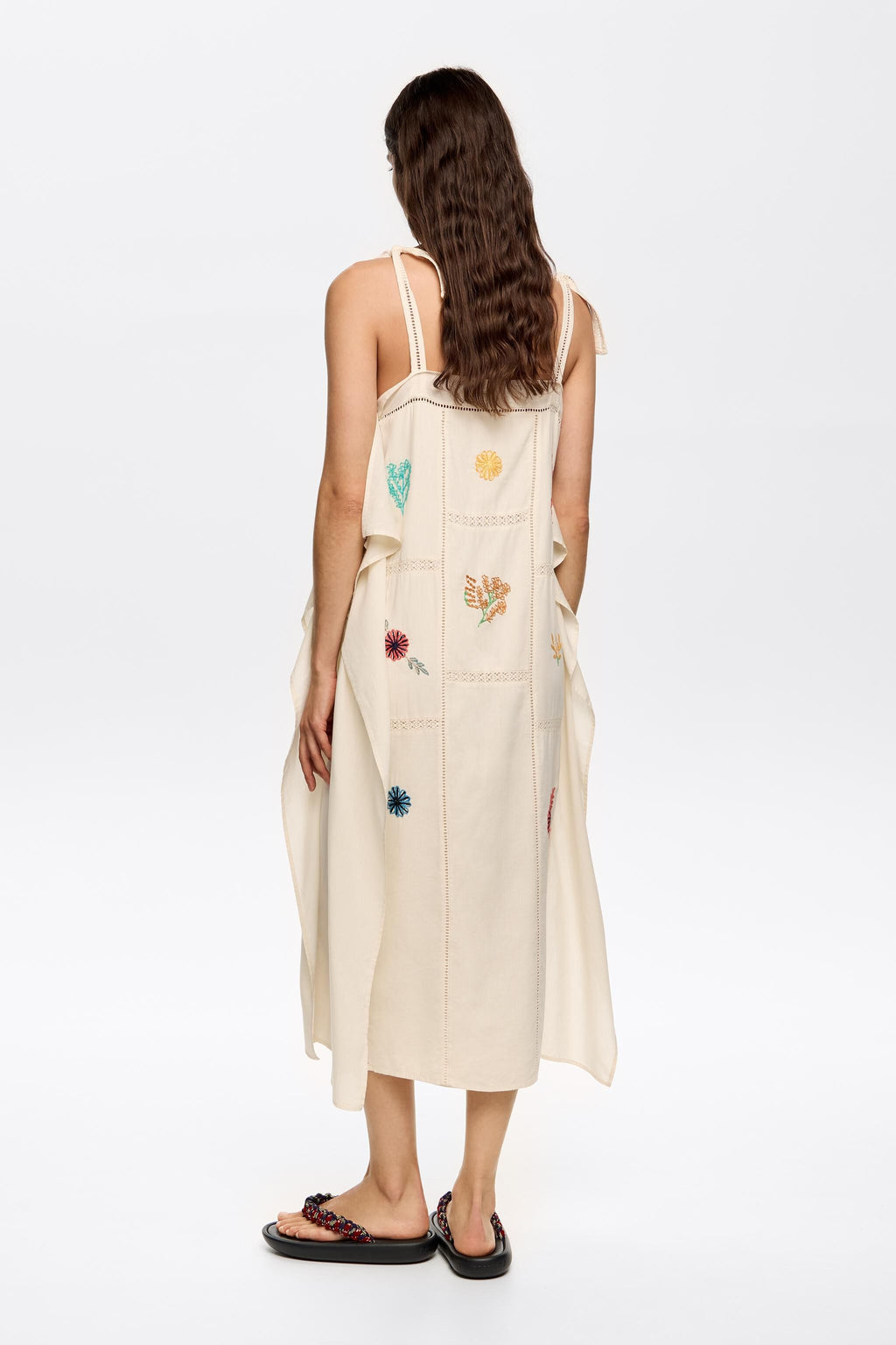 Cream scarf dress with multicolor embroidery