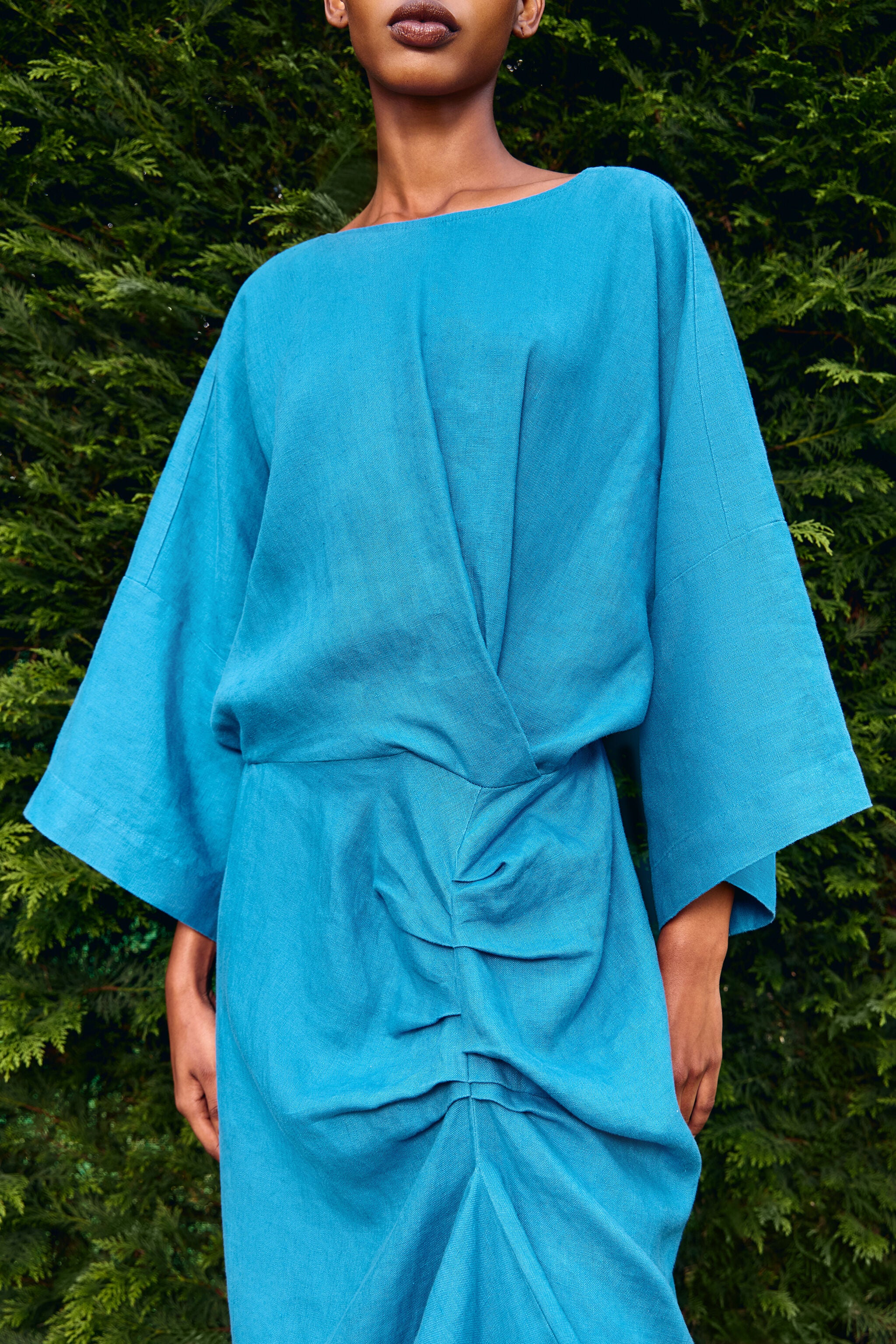 Electric blue linen dress with ruffle