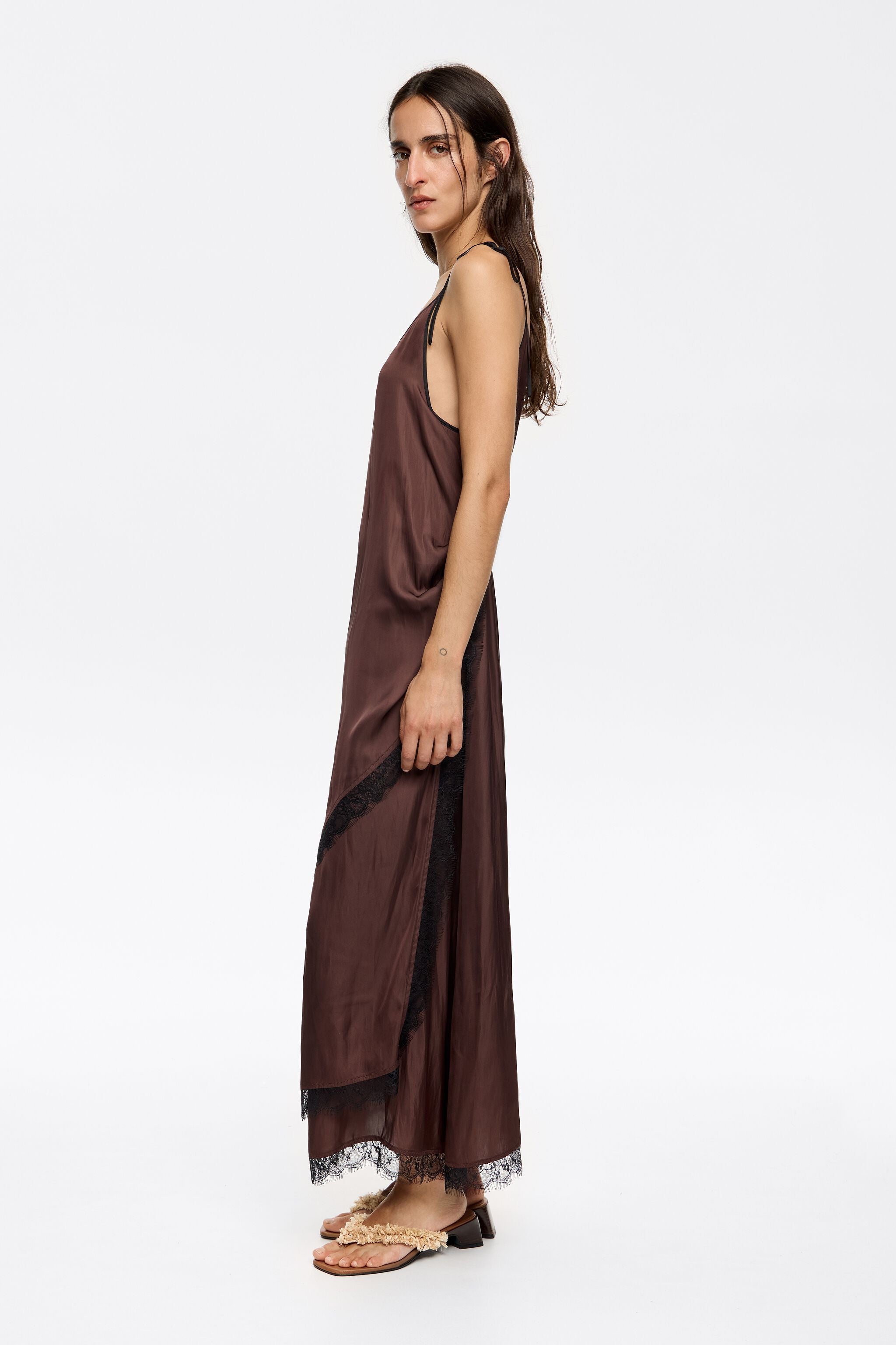 Dark brown lace flowing crossover dress
