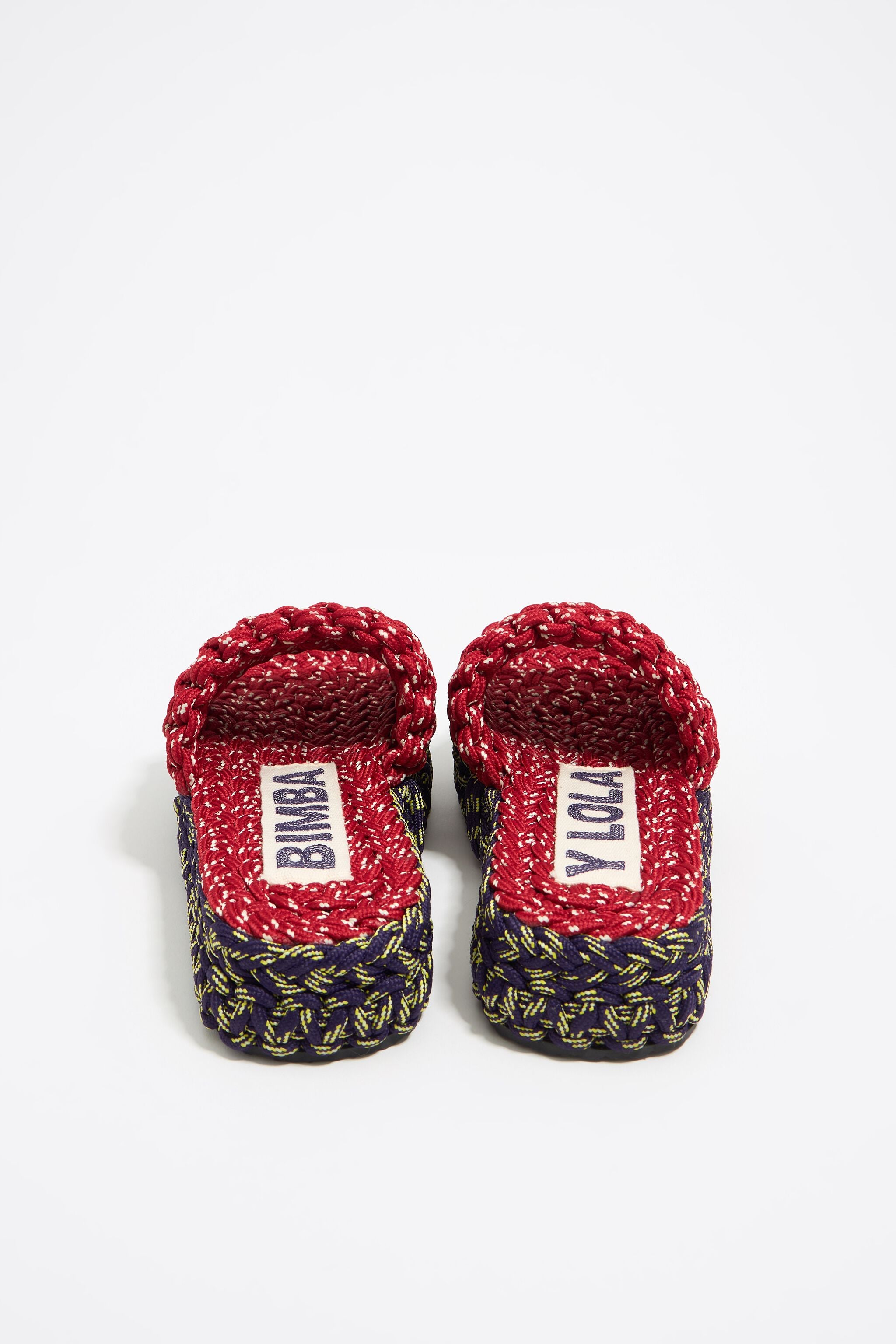 Blue and red plaited rope platform sandal