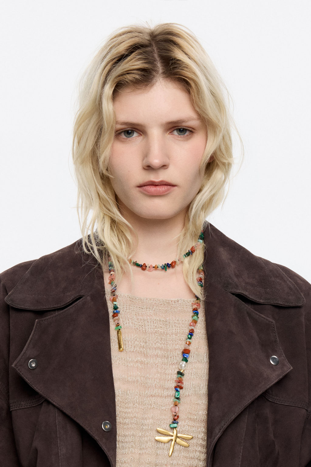 Matte gold dragonfly and multicolor stones necklace