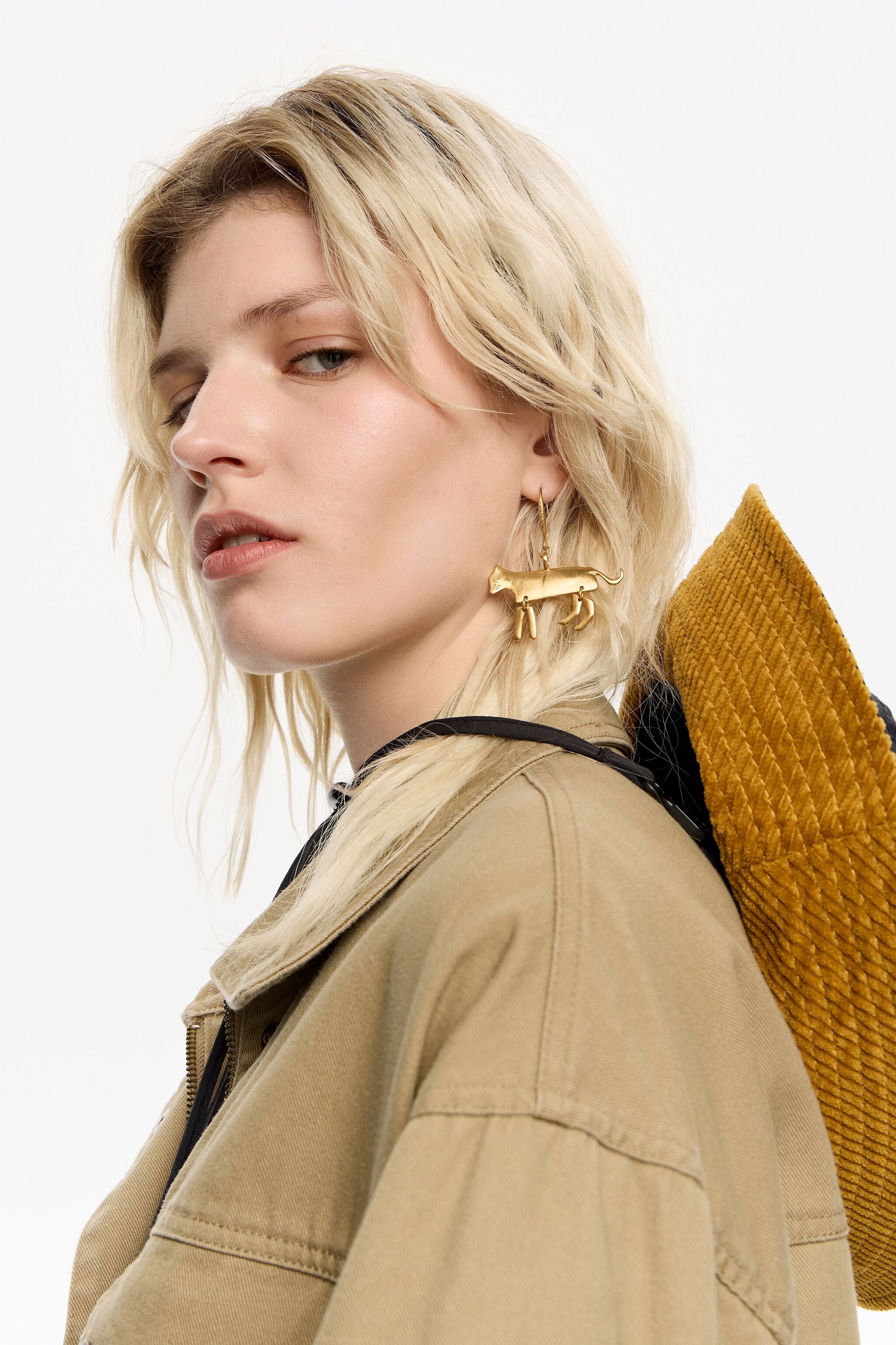 Gold-tone metal motif hook earrings
