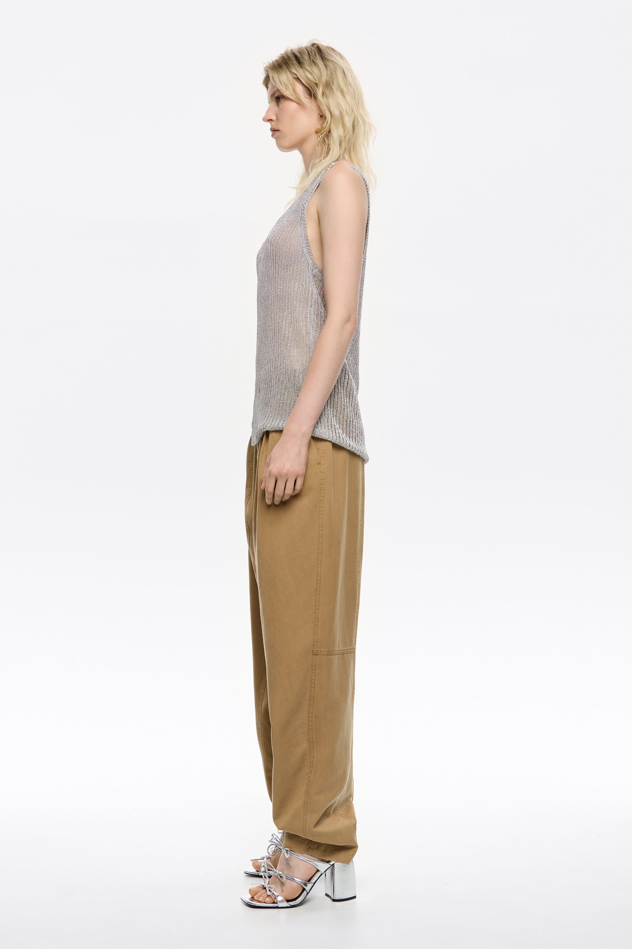 Camel washed cotton darted trousers