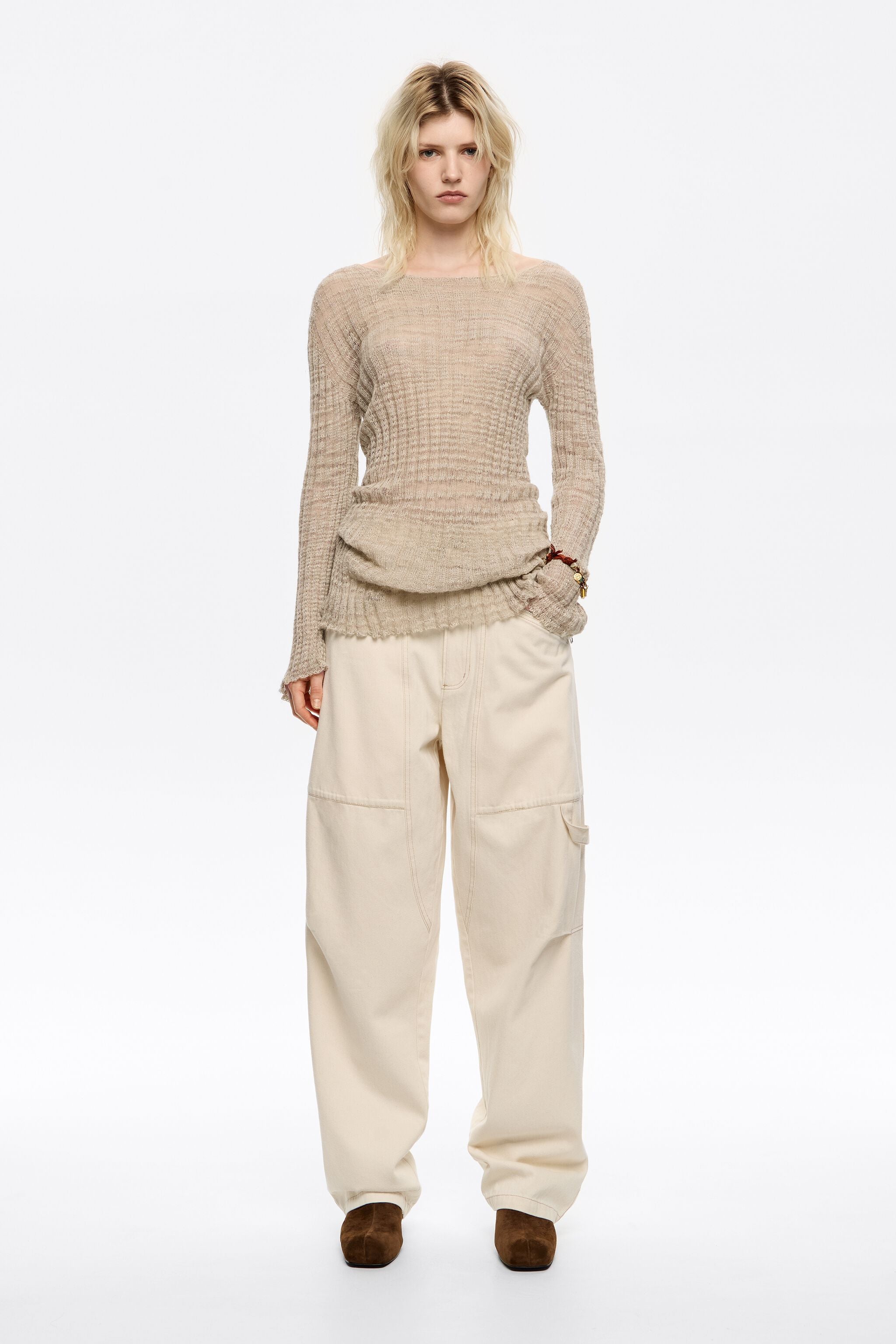 Ivory denim trousers with zips